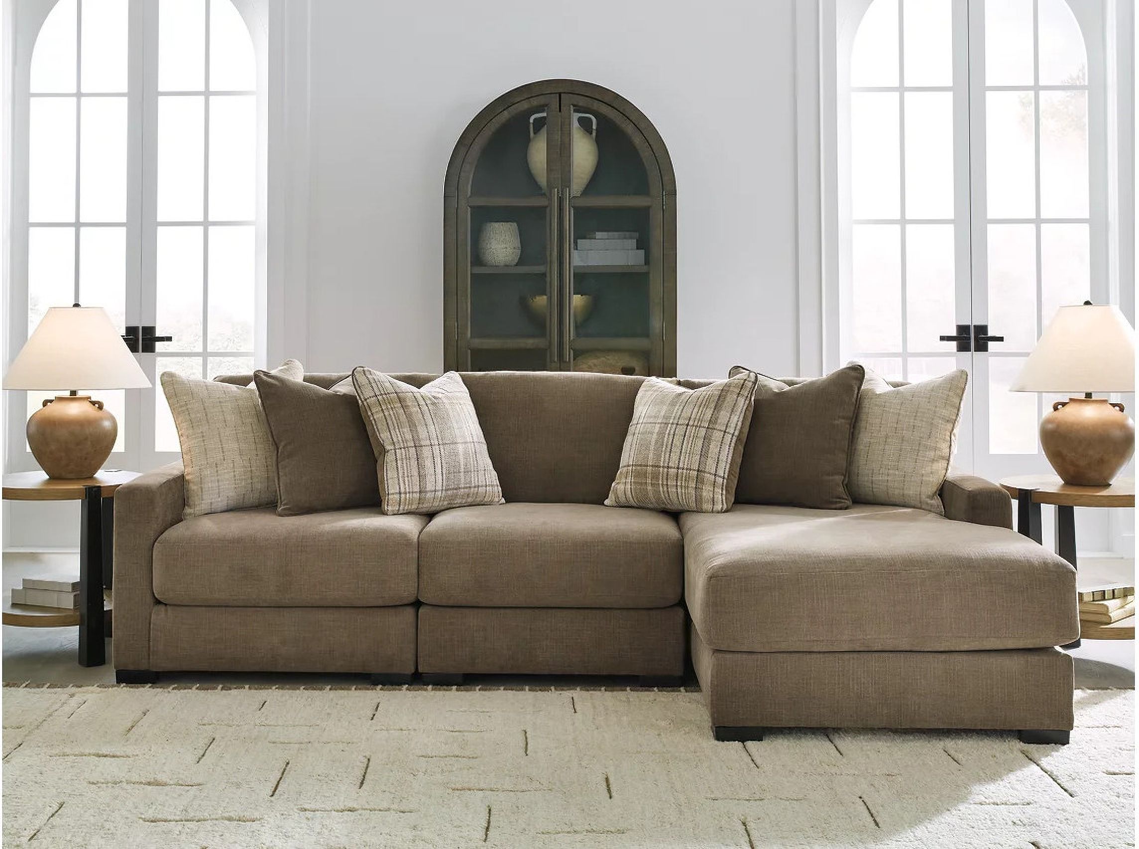 The appearance of Camellia-Court 3-Piece Sectional with RAF Chaise In Coffee designed by Signature Design by Ashley in the modern / contemporary interior design. This coffee piece of furniture was selected by 1StopBedrooms from Camellia-Court Collection to add a touch of cosiness and style into your home. Sku: 6820764;6820746;6820717. Material: Fabric.