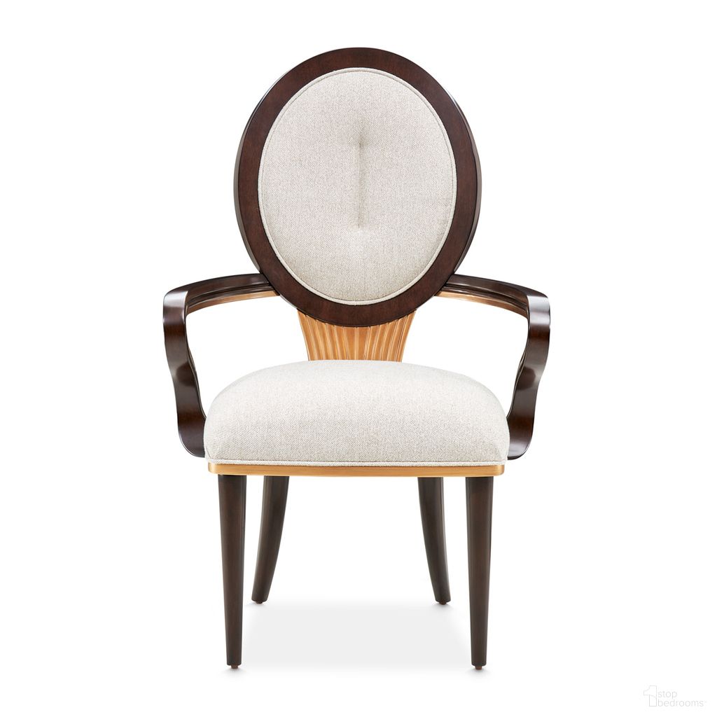 The appearance of Camellia Field Dining Arm Chair Set of 2 In Linen and Warm Pecan designed by Michael Amini in the transitional interior design. This linen/warm pecan piece of furniture was selected by 1StopBedrooms from Camellia Field Collection to add a touch of cosiness and style into your home. Sku: N9090004-400. Chair Type: Arm Chair. Material: Solid Wood.