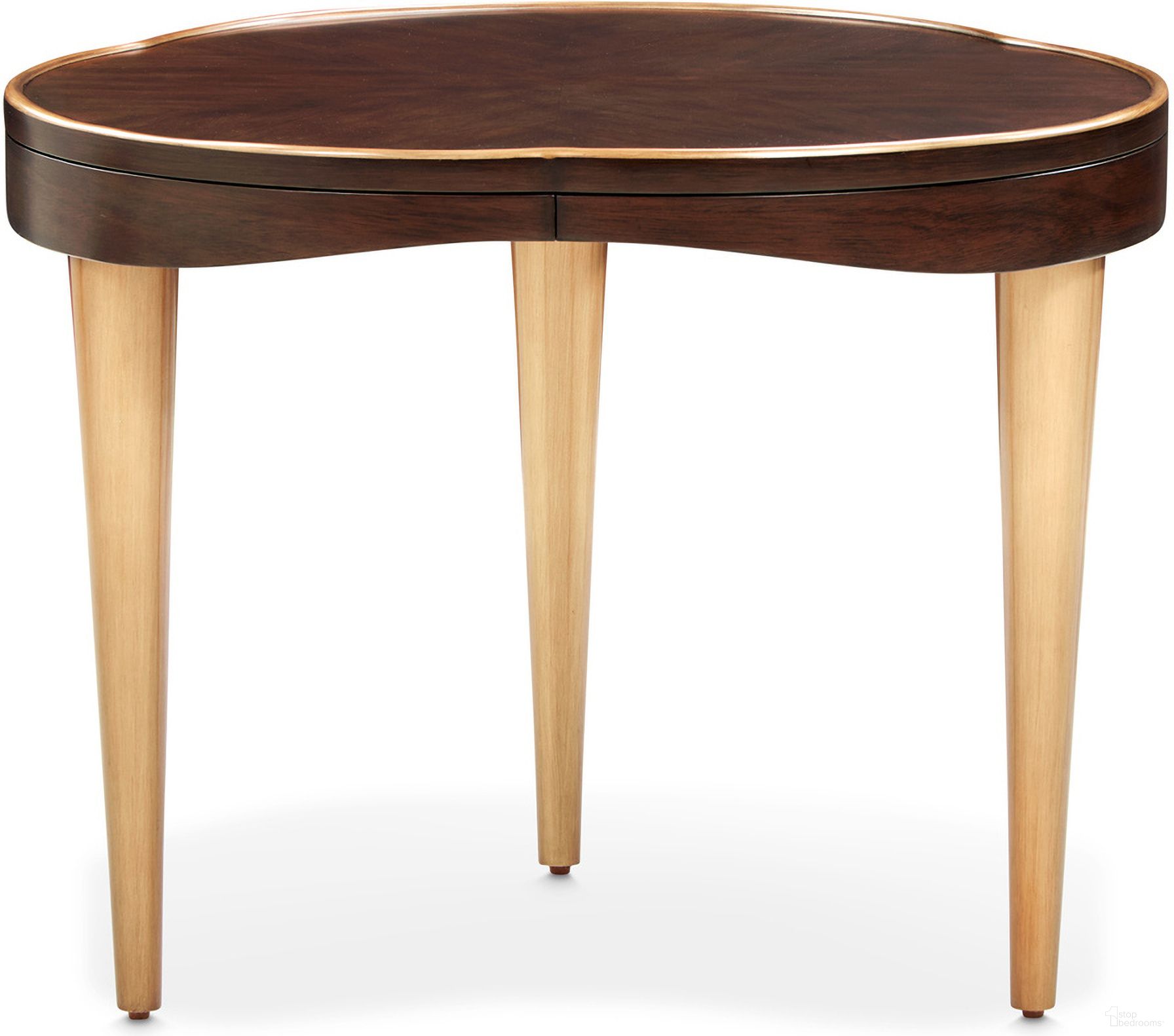 The appearance of Camellia Field End Table In Warm Pecan designed by Michael Amini in the transitional interior design. This warm pecan piece of furniture  was selected by 1StopBedrooms from Camellia Field Collection to add a touch of cosiness and style into your home. Sku: N9090205-400. Material: Solid Wood.