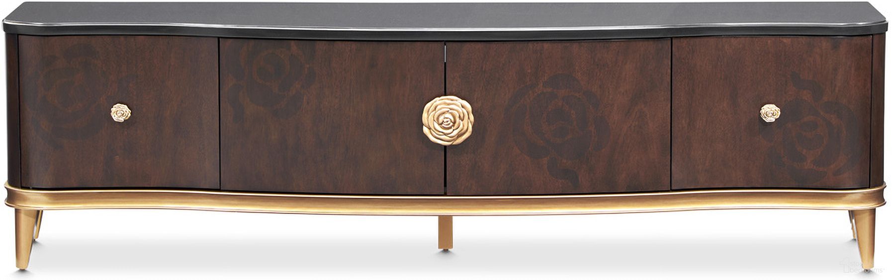The appearance of Camellia Field Media Cabinet In Warm Pecan designed by Michael Amini in the transitional interior design. This warm pecan piece of furniture was selected by 1StopBedrooms from Camellia Field Collection to add a touch of cosiness and style into your home. Sku: N9090081-400. Material: Solid Wood.