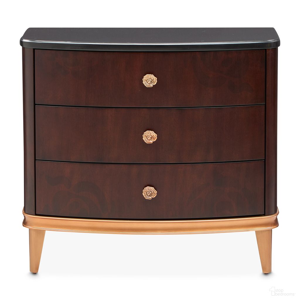 The appearance of Camellia Field Nightstand In Warm Pecan designed by Michael Amini in the transitional interior design. This warm pecan piece of furniture was selected by 1StopBedrooms from Camellia Field Collection to add a touch of cosiness and style into your home. Sku: N9090040-400. Material: Solid Wood.