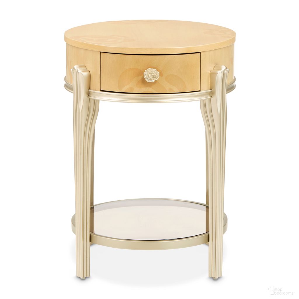 The appearance of Camellia Field Oval End Table with Drawer In Caramel designed by Michael Amini in the modern / contemporary interior design. This caramel piece of furniture  was selected by 1StopBedrooms from Camellia Field Collection to add a touch of cosiness and style into your home. Sku: N9090202-134. Material: Poplar.