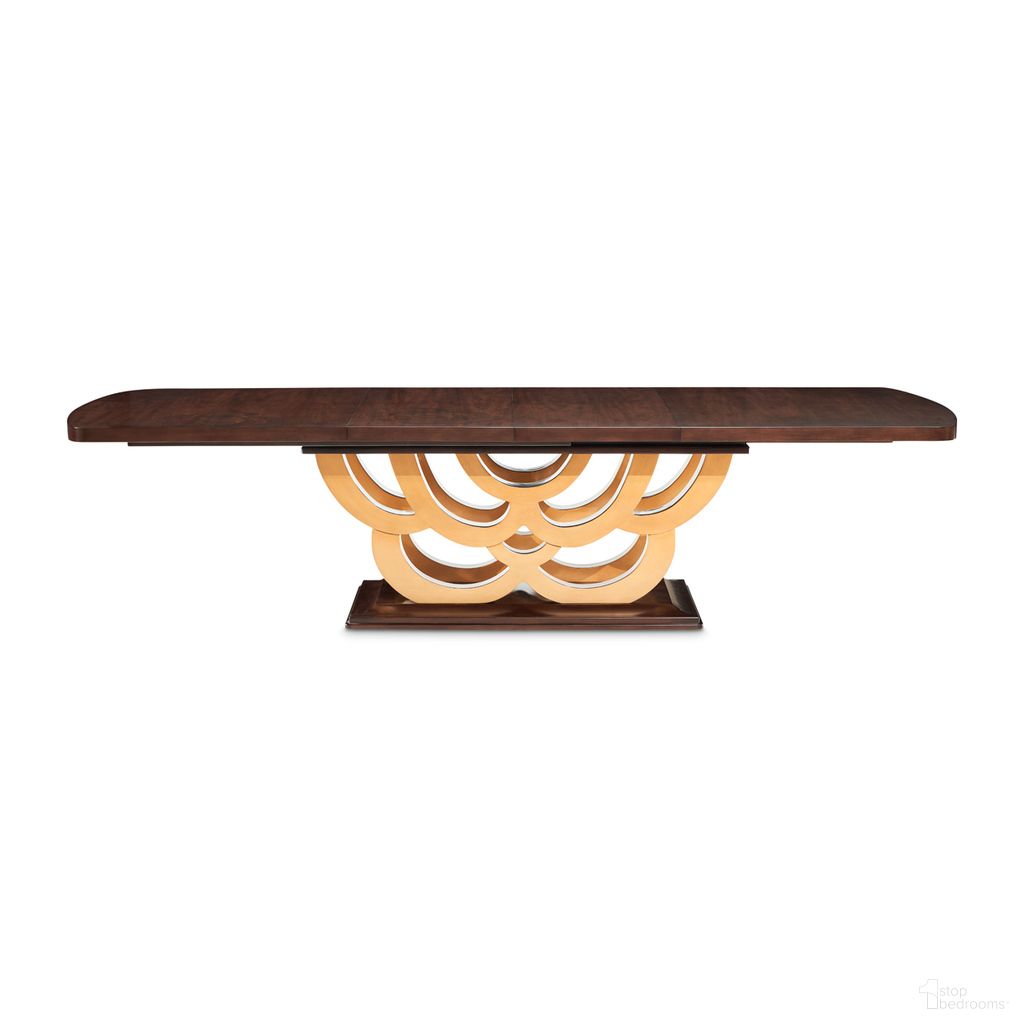 The appearance of Camellia Field Rectangular Pedestal Dining Table In Warm Pecan designed by Michael Amini in the transitional interior design. This warm pecan piece of furniture was selected by 1StopBedrooms from Camellia Field Collection to add a touch of cosiness and style into your home. Sku: 9090002T-400;9090002B-400. Table Base Style: Pedestal. Table Top Shape: Rectangular. Size: 46" x 80". Material: Solid Wood.