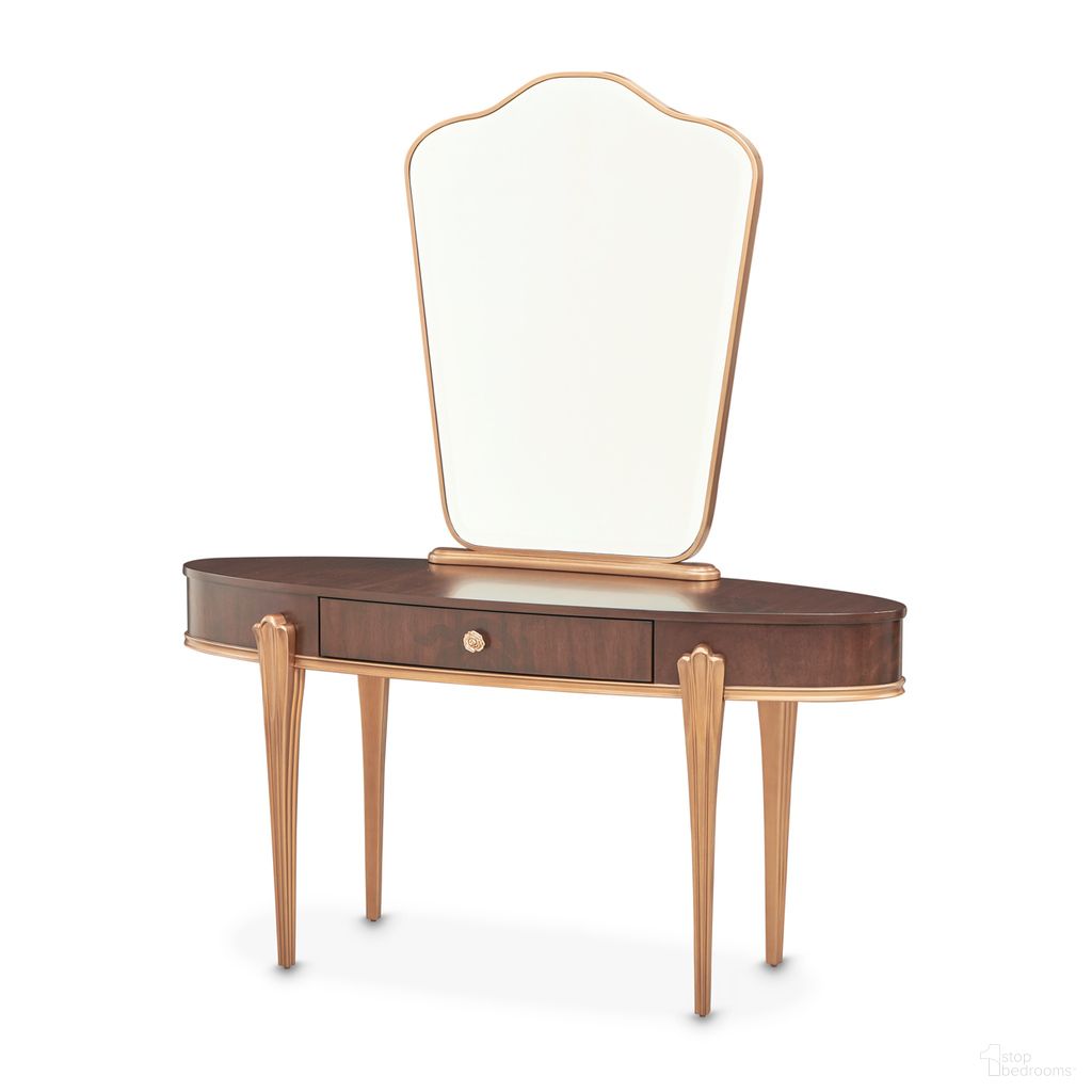 The appearance of Camellia Field Vanity with Mirror In Warm Pecan designed by Michael Amini in the transitional interior design. This warm pecan piece of furniture was selected by 1StopBedrooms from Camellia Field Collection to add a touch of cosiness and style into your home. Sku: N9090058-400;N9090068-400. Material: Solid Wood.
