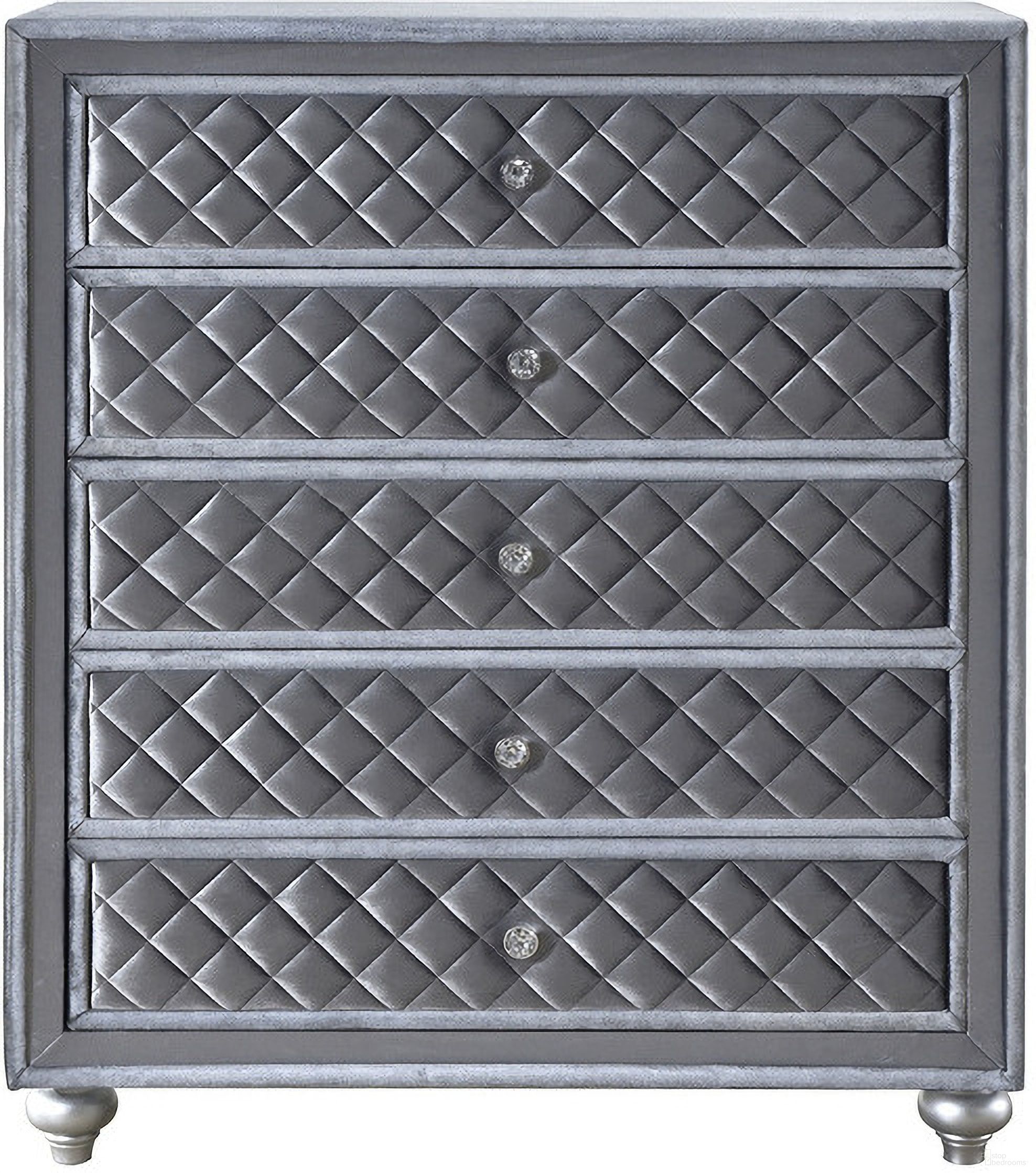 The appearance of Cameo Chest In Gray designed by Crown Mark in the glam interior design. This gray piece of furniture was selected by 1StopBedrooms from Cameo Collection to add a touch of cosiness and style into your home. Sku: B2100-4. Material: MDF.