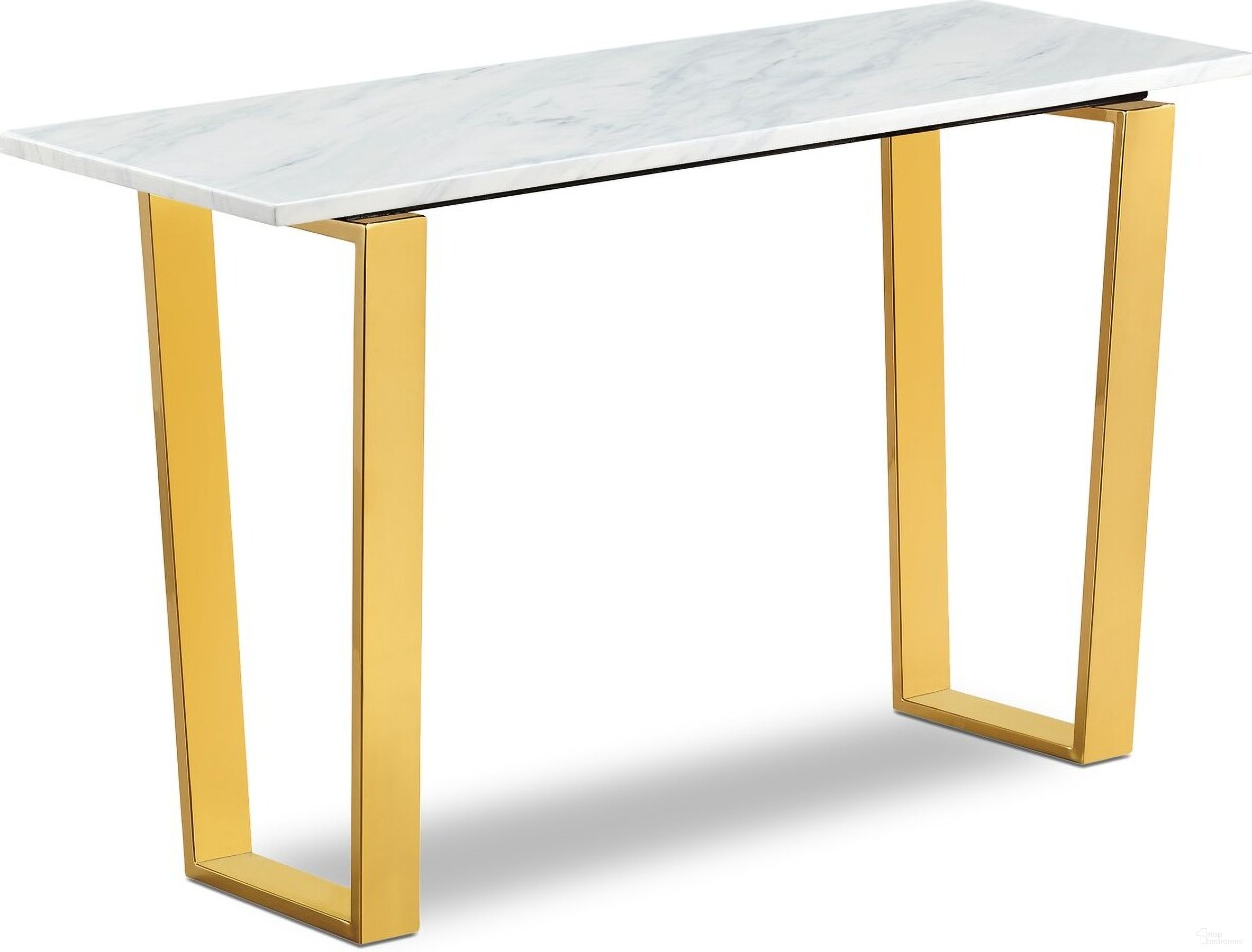 The appearance of Cameron Console Table In Gold designed by Meridian in the modern / contemporary interior design. This gold piece of furniture  was selected by 1StopBedrooms from Cameron Collection to add a touch of cosiness and style into your home. Sku: 212-S Box 1/2 (Marble Top);212-S Box 2/2 (Base). Material: Stainless Steel.