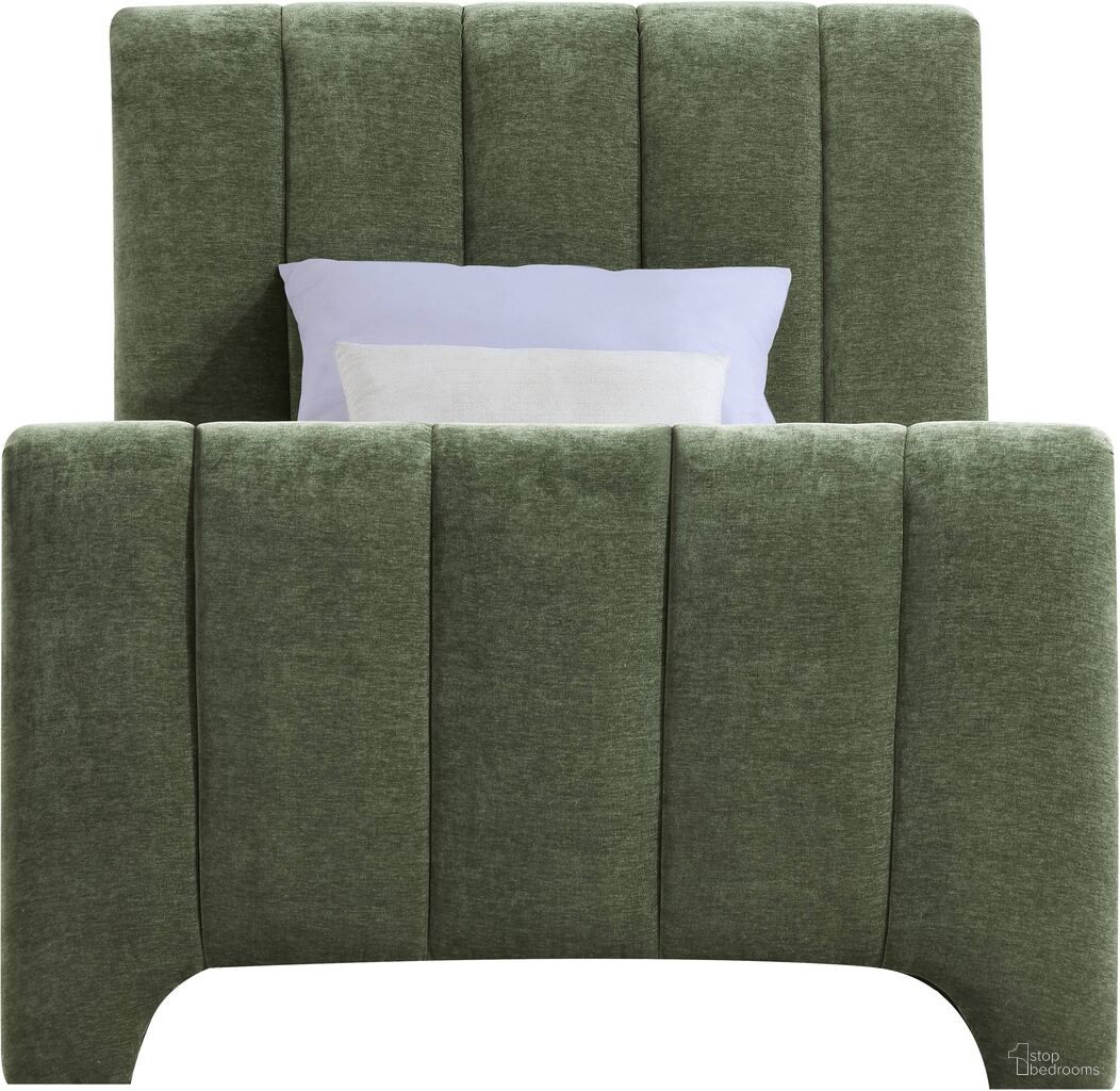 The appearance of Camila Chenille Fabric Twin Bed In Green designed by Meridian in the modern / contemporary interior design. This green piece of furniture was selected by 1StopBedrooms from Camila Collection to add a touch of cosiness and style into your home. Sku: CamilaGreen-T Box 1/3 (Headboard);CamilaGreen-T Box 2/3 (Footboard);CamilaGreen-T Box 3/3 (Rails/Slats). Bed Size: Twin. Material: Chenille. Bed Type: Upholstered Bed.