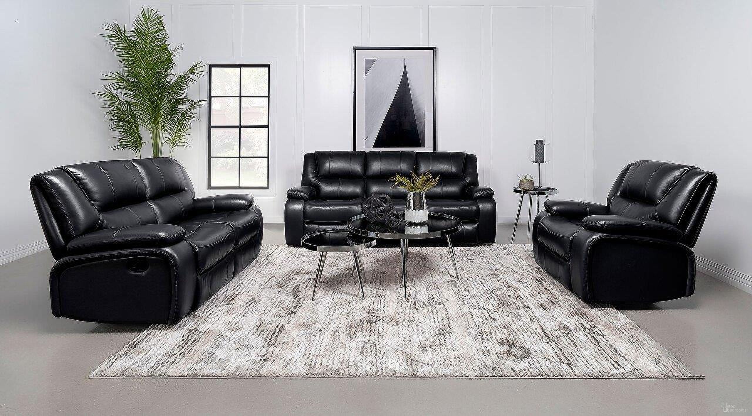 The appearance of Camila Living Room Set In Black designed by Coaster in the transitional interior design. This black piece of furniture was selected by 1StopBedrooms from Camila Collection to add a touch of cosiness and style into your home. Sku: 610244;610245. Material: Upholstered.
