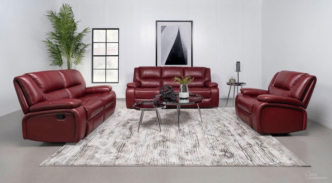 The appearance of Camila Living Room Set In Red designed by Coaster in the transitional interior design. This red piece of furniture  was selected by 1StopBedrooms from Camila Collection to add a touch of cosiness and style into your home. Sku: 610241;610242. Material: Upholstered.