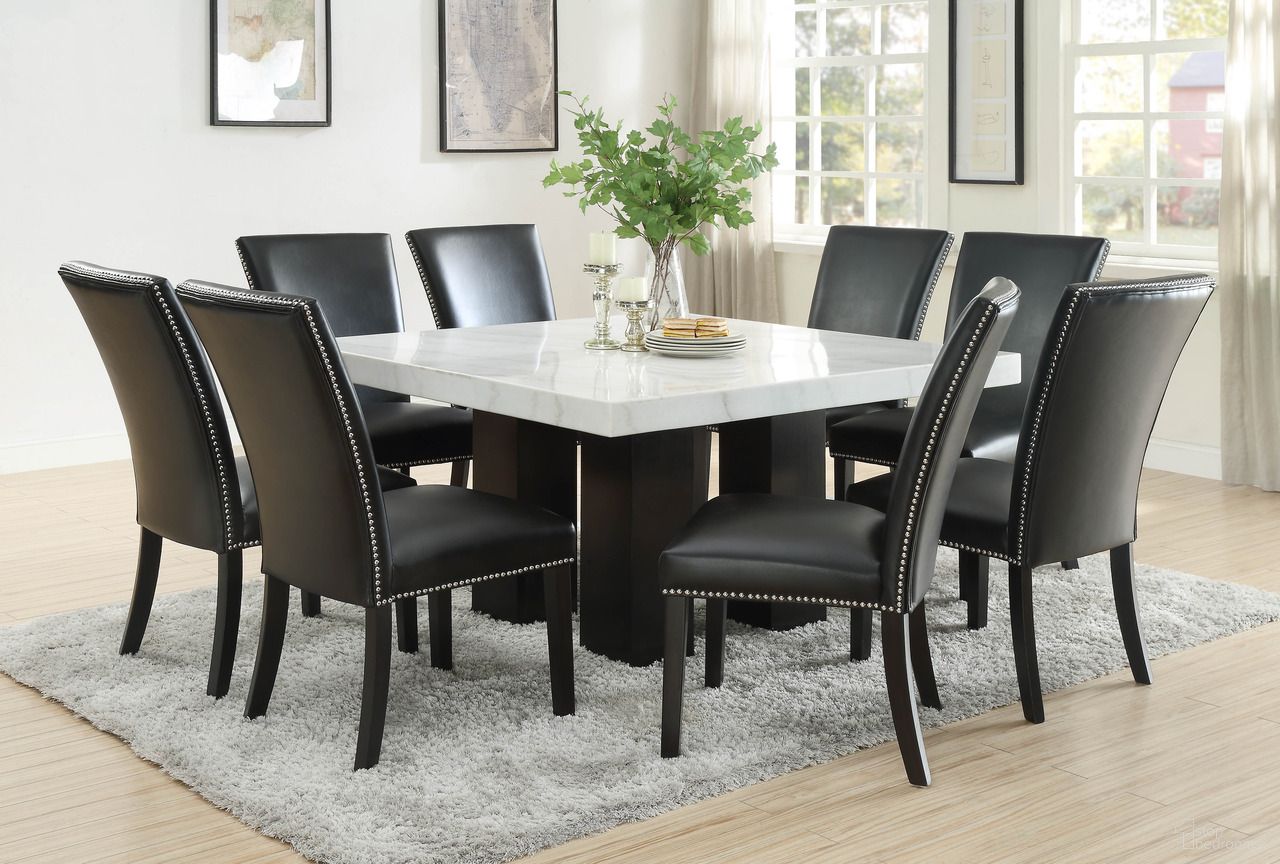 The appearance of Camila 9-Piece Square Dining Room Set In Black designed by Steve Silver in the modern / contemporary interior design. This black piece of furniture was selected by 1StopBedrooms from Camila Collection to add a touch of cosiness and style into your home. Sku: CM420SKN;CM420SKN;CM420SKN;CM420SKN;CM420WB;CM540PT. Material: MDF.