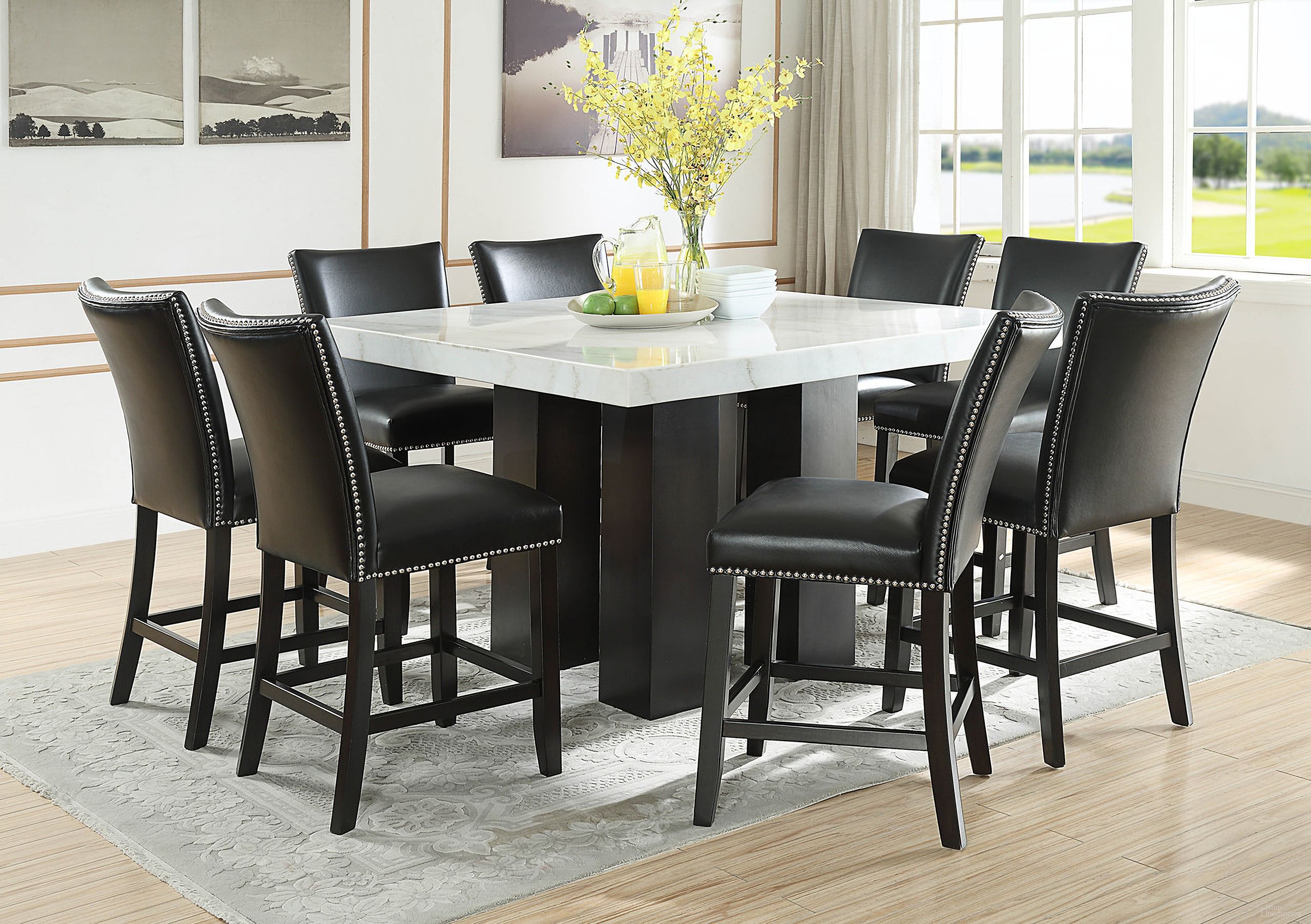 The appearance of Camila Square Counter Height Set In Black designed by Steve Silver in the modern / contemporary interior design. This black piece of furniture was selected by 1StopBedrooms from Camila Collection to add a touch of cosiness and style into your home. Sku: CM420CCKN;CM420CCKN;CM420CCKN;CM420CCKN;CM540PB;CM540PT. Material: MDF.