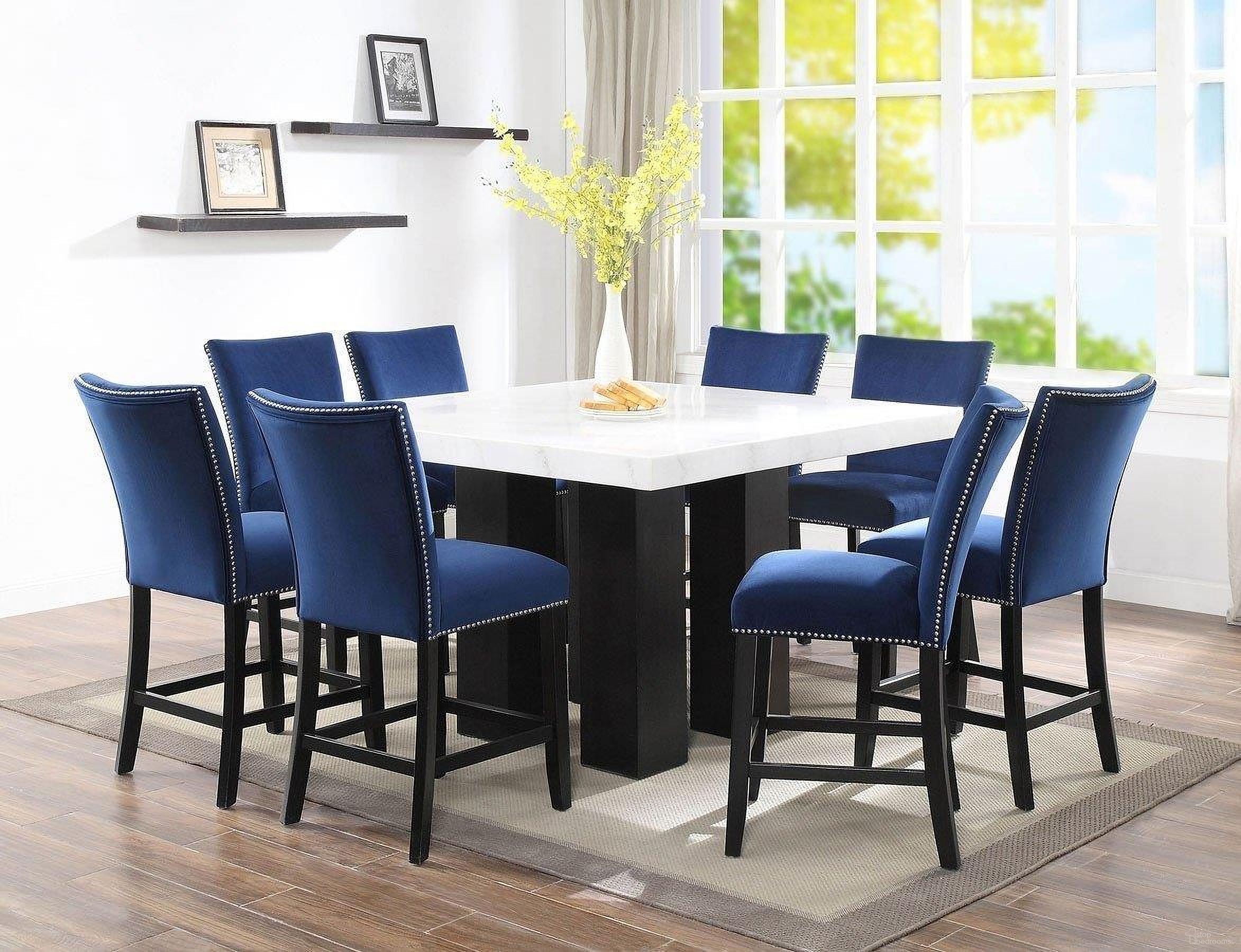 The appearance of Camila Square Counter Height Dining Set with Silver Chairs designed by Steve Silver in the transitional interior design. This espresso piece of furniture was selected by 1StopBedrooms from Camila Collection to add a touch of cosiness and style into your home. Sku: CM540PTPB;CM420CCSN. Table Base Style: Legs. Table Top Shape: Square. Material: MDF. Size: 322" x 322".