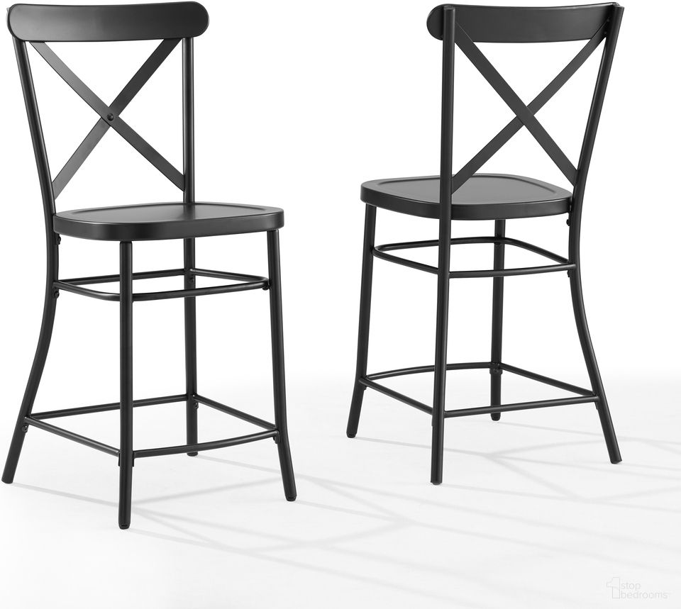 The appearance of Camille 2-Piece Counter Height Barstool Set In Matte Black designed by Crosley Brands in the transitional interior design. This matte black piece of furniture was selected by 1StopBedrooms from Camille Collection to add a touch of cosiness and style into your home. Sku: CF500624-MB. Material: Steel.