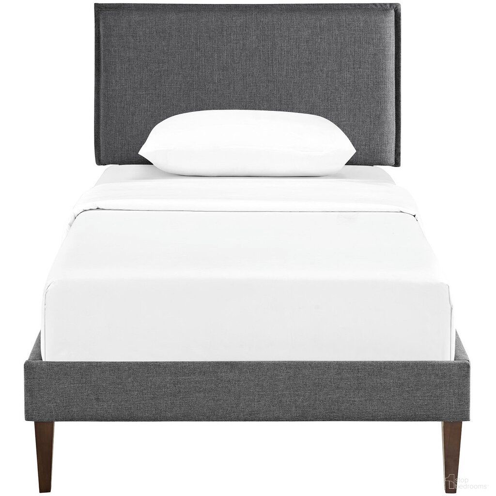 The appearance of Camille Fabric Twin Platform Bed With Squared Tapered Legs In Gray designed by Modway in the modern / contemporary interior design. This gray piece of furniture  was selected by 1StopBedrooms from Camille Collection to add a touch of cosiness and style into your home. Sku: MOD-5598-GRY. Bed Type: Platform Bed. Material: Fabric. Bed Size: Twin.