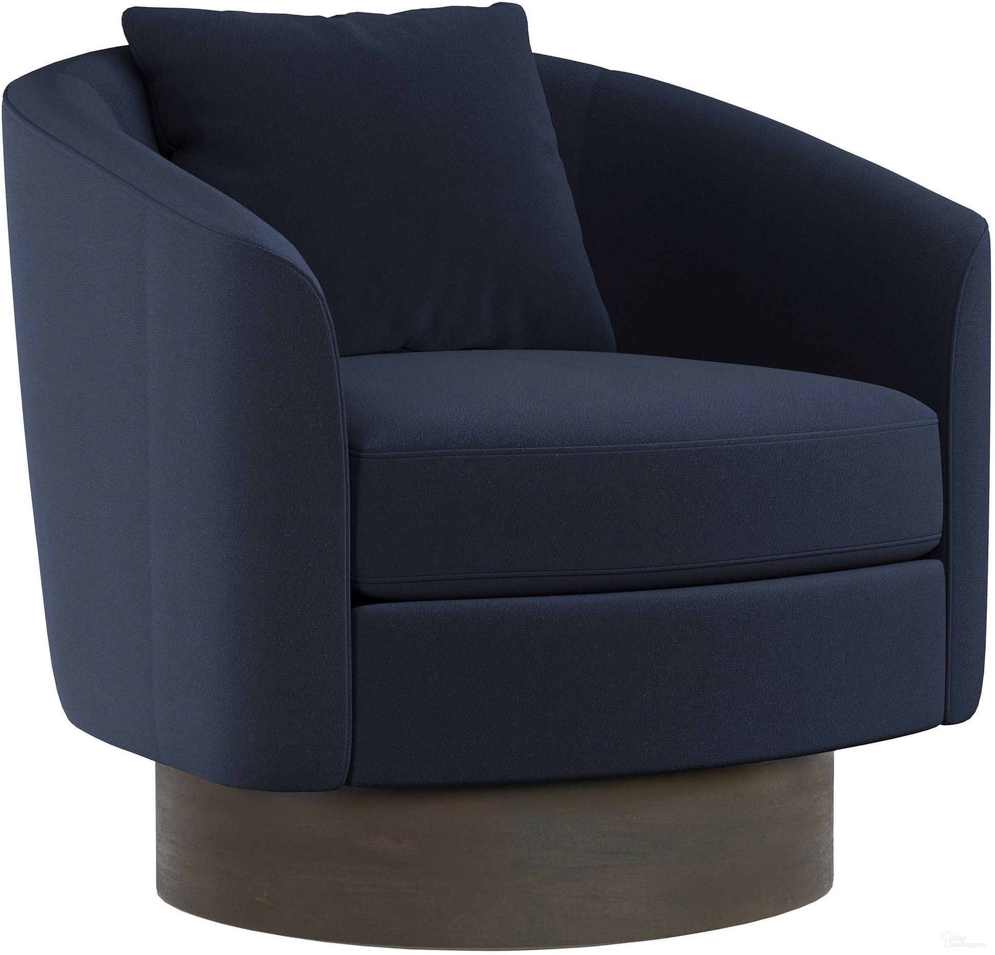 The appearance of Camino Fabric Swivel Chair In Blue designed by Bernhardt in the modern / contemporary interior design. This blue velvet piece of furniture  was selected by 1StopBedrooms from Camino Collection to add a touch of cosiness and style into your home. Sku: N5712S_1580-444. Material: Wood. Upholstery Material: Velvet.