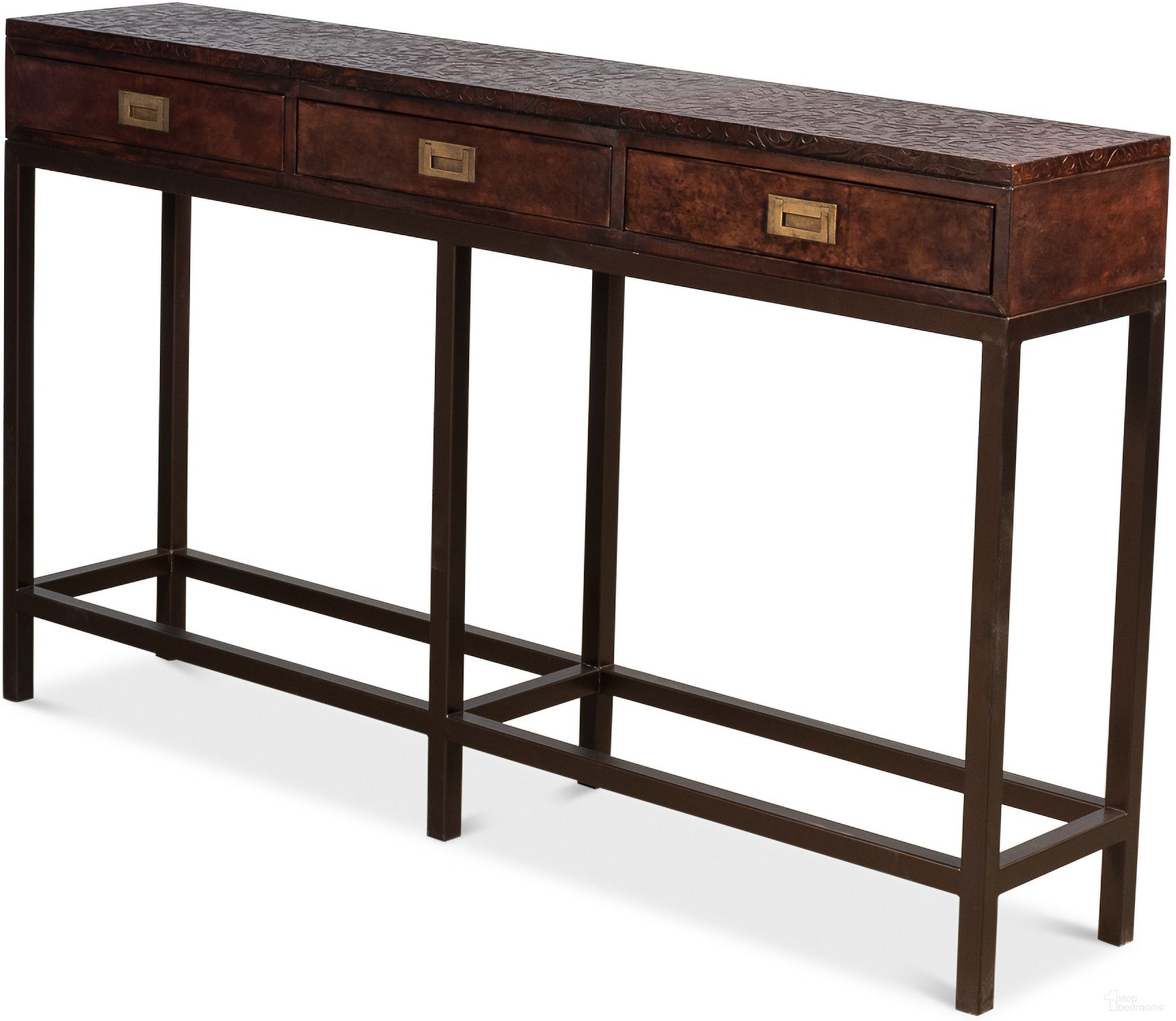 The appearance of Campaign Brown Embossed Console Table designed by Sarreid in the coastal interior design. This brown piece of furniture was selected by 1StopBedrooms from Campaign Collection to add a touch of cosiness and style into your home. Sku: 29859. Material: Leather.