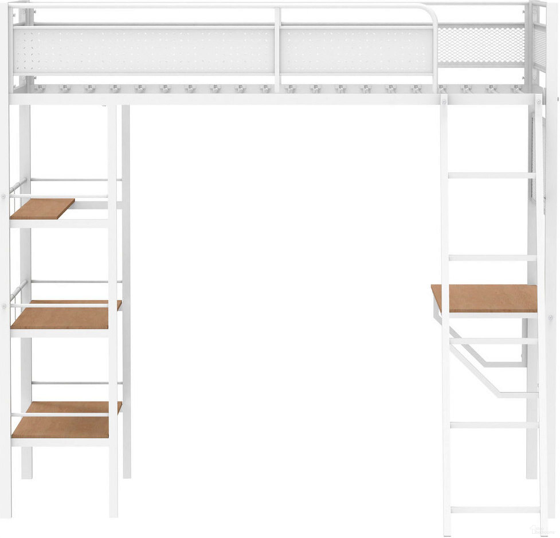 The appearance of Campus 3-Shelf Metal Twin Workstation Loft Bed In Matte White designed by Coaster in the transitional interior design. This matte white piece of furniture  was selected by 1StopBedrooms from Campus Collection to add a touch of cosiness and style into your home. Sku: 460332WHTB1;460332WHTB2. Material: Steel. Bed Size: Twin. Bed Type: Loft Bed.