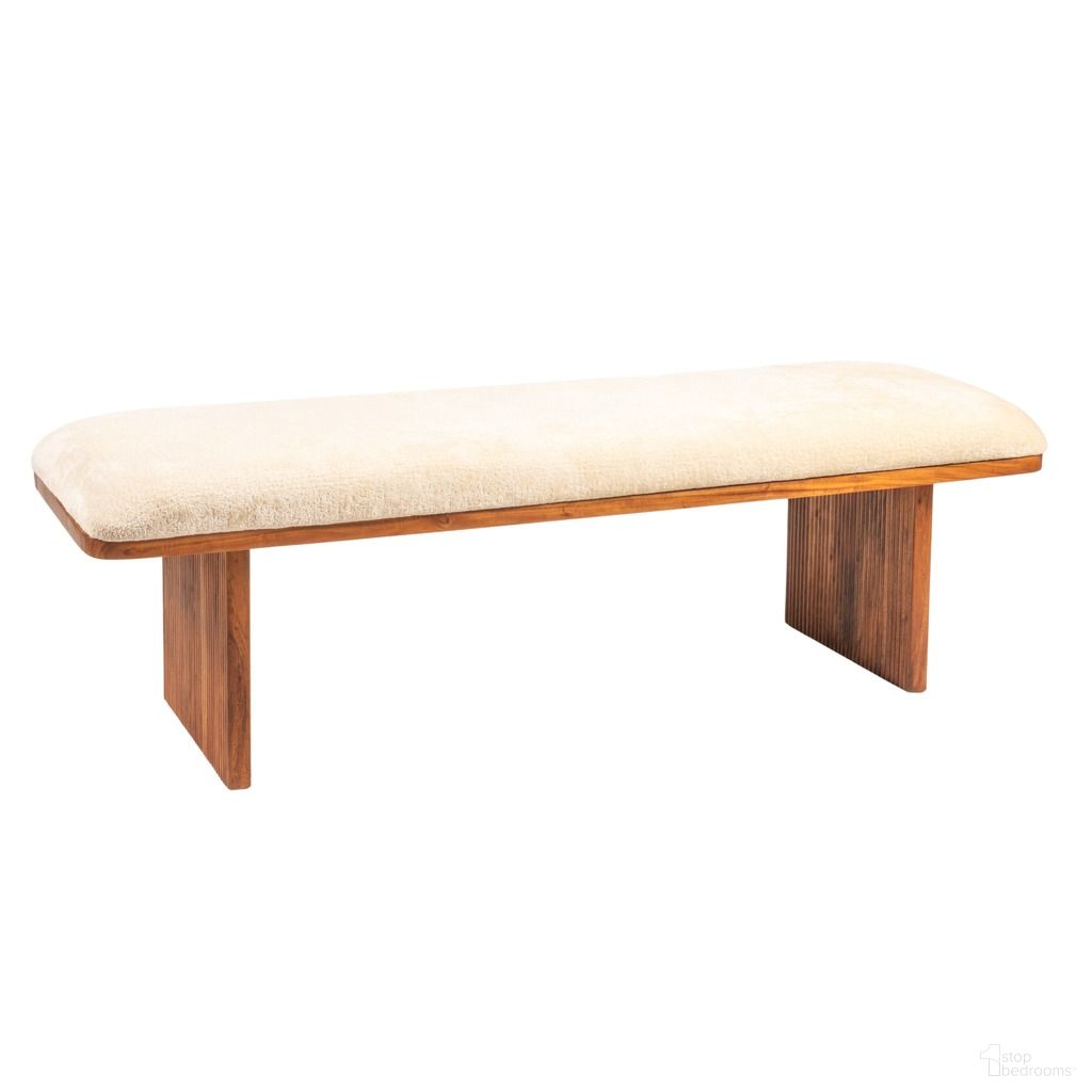 Canal Rectangular Acacia Wood and Crushed Velvet Bench In Cream