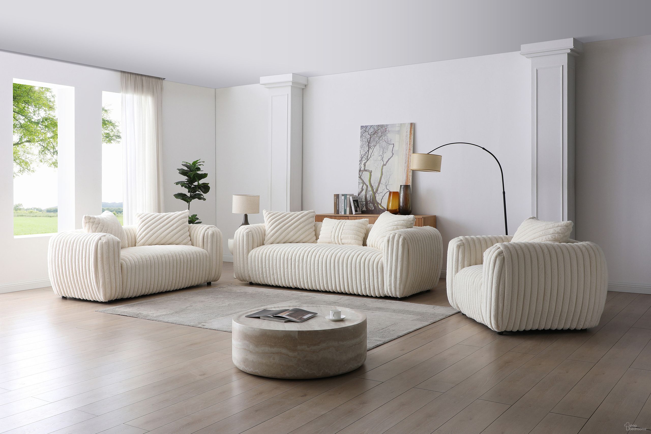 The appearance of Cancun Living Room Set In White designed by Glory in the modern / contemporary interior design. This white piece of furniture was selected by 1StopBedrooms from Cancun Collection to add a touch of cosiness and style into your home. Sku: G00932A-S;G00932A-L. Material: Boucle.