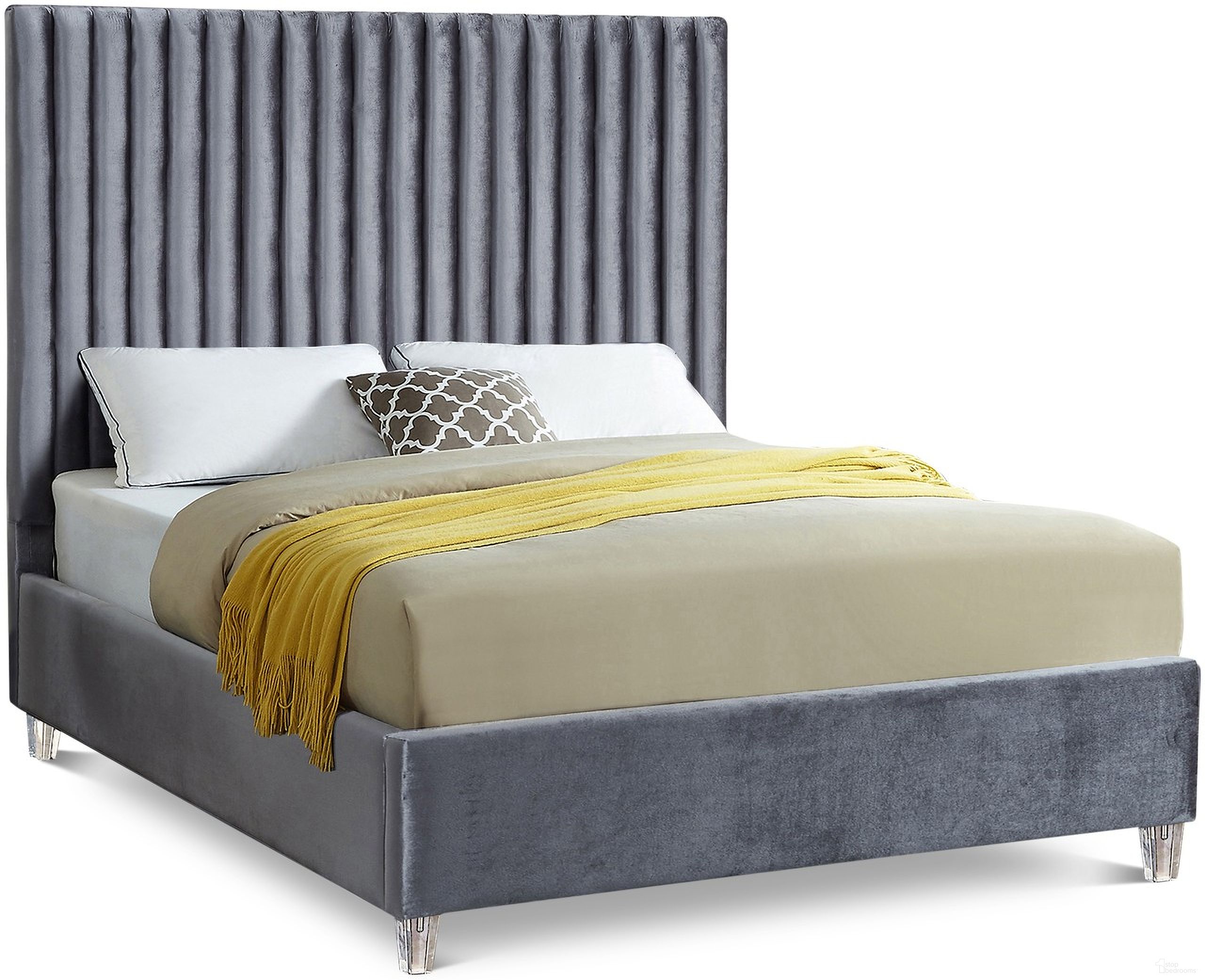 The appearance of Candace Velvet King Bed In Grey designed by Meridian in the modern / contemporary interior design. This grey piece of furniture  was selected by 1StopBedrooms from Candace Collection to add a touch of cosiness and style into your home. Sku: CandaceGrey-K Box 1/2 (HB/Slats);CandaceGrey-K Box 2/2 (FB/Rails/Legs/MetalBar/Hardware). Bed Type: Panel Bed. Bed Size: King. Material: Velvet.