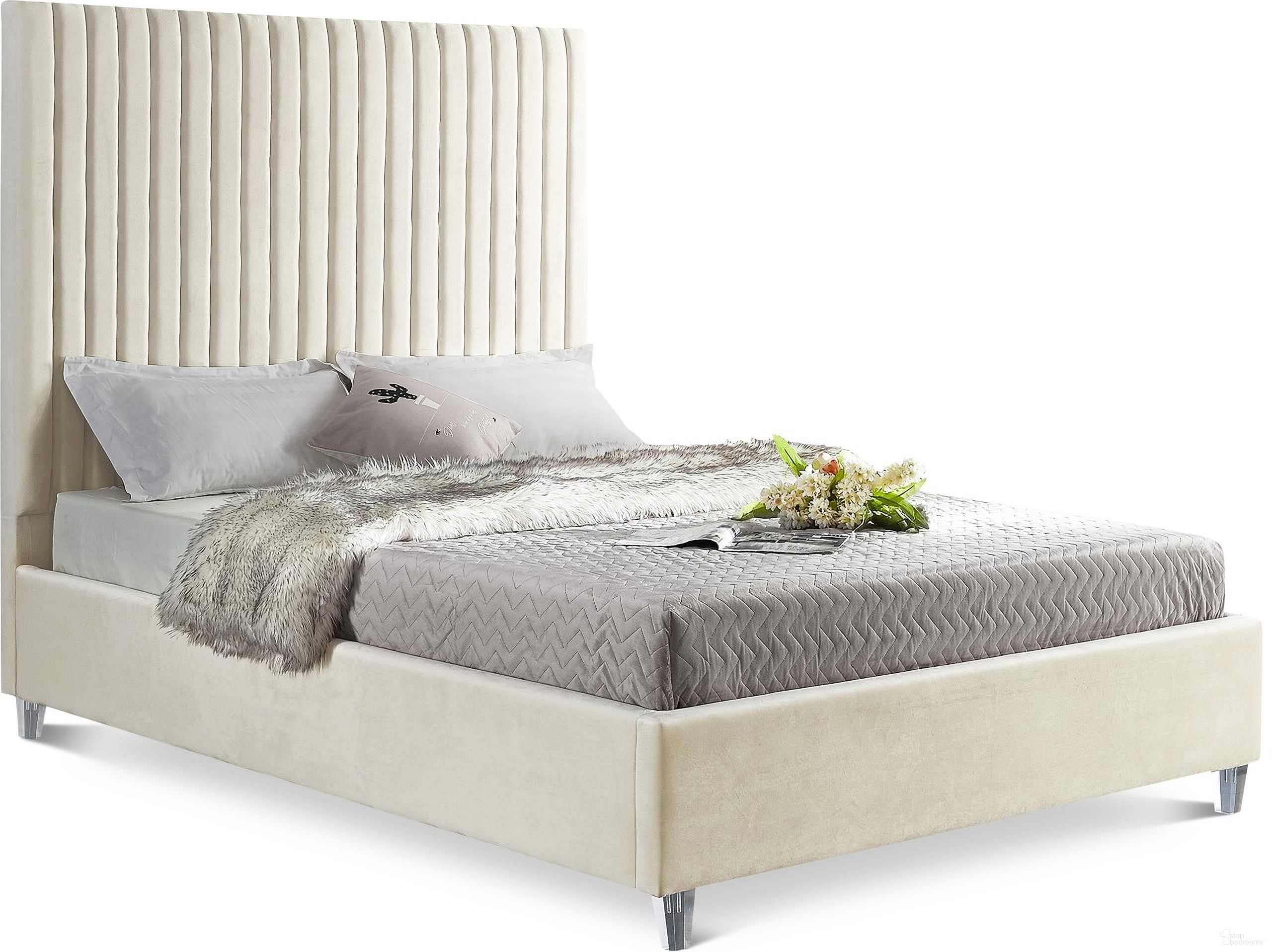 The appearance of Candace Velvet Queen Bed In Cream designed by Meridian in the modern / contemporary interior design. This cream velvet piece of furniture was selected by 1StopBedrooms from Candace Collection to add a touch of cosiness and style into your home. Sku: CandaceCream-Q Box 1/2 (HB/Slats);CandaceCream-Q Box 2/2 (FB/Rails/Legs/MetalBar/Hardware). Bed Type: Panel Bed. Bed Size: Queen. Material: Velvet.