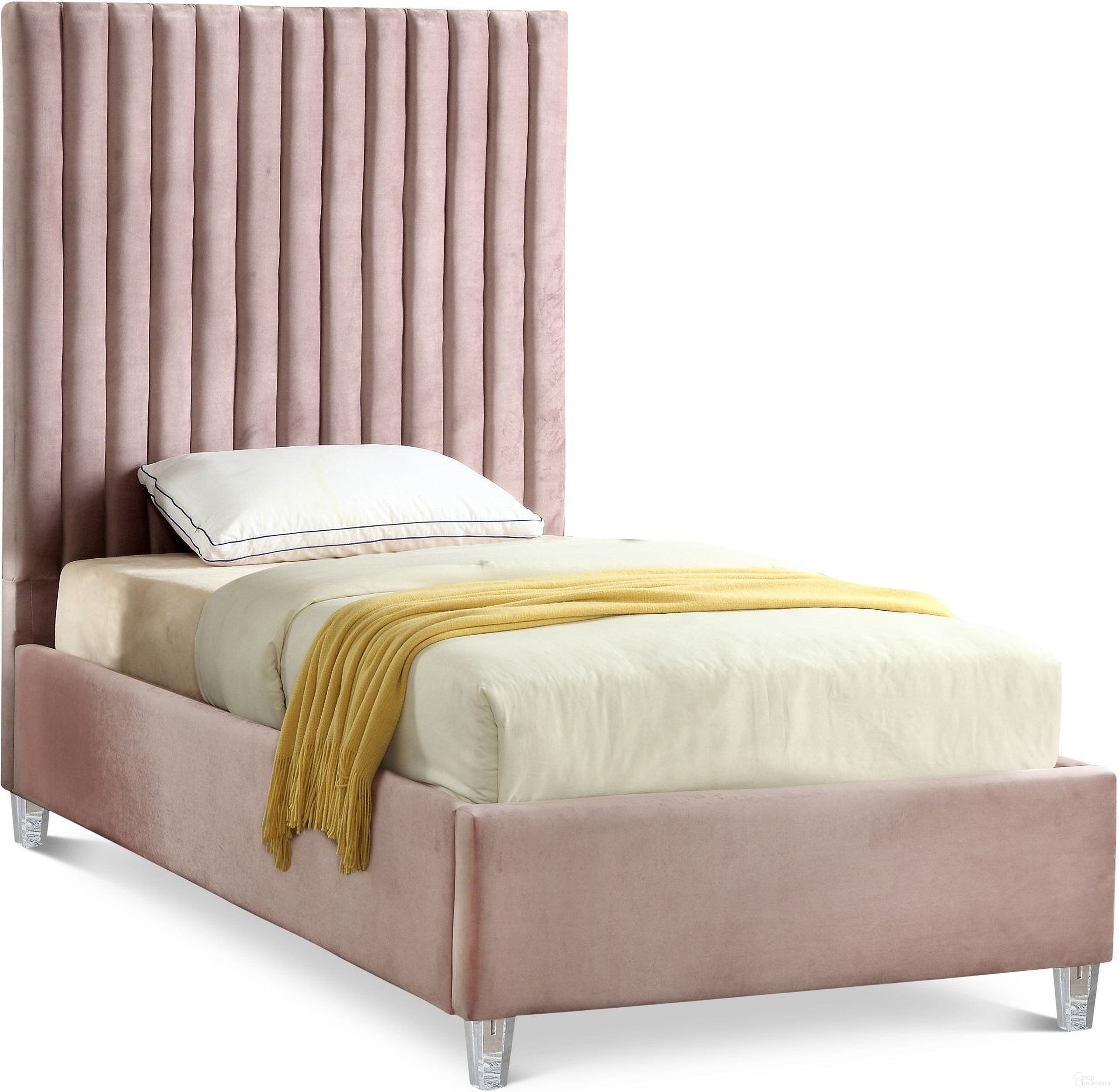 The appearance of Candace Velvet Twin Bed In Pink designed by Meridian in the modern / contemporary interior design. This pink piece of furniture was selected by 1StopBedrooms from Candace Collection to add a touch of cosiness and style into your home. Sku: CandacePink-T Box 1/2 (HB/Slats);CandacePink-T Box 2/2 (FB/Rails/Legs/MetalBar/Hardware). Bed Type: Panel Bed. Bed Size: Twin. Material: Velvet.