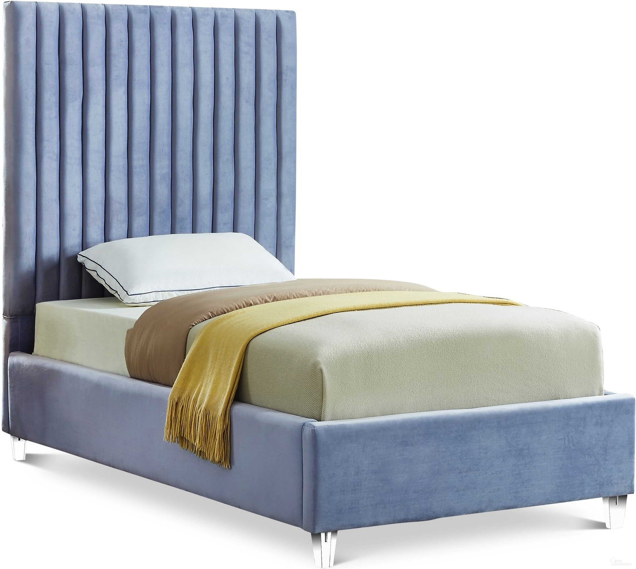 The appearance of Candace Velvet Twin Bed In Sky Blue designed by Meridian in the modern / contemporary interior design. This sky blue piece of furniture  was selected by 1StopBedrooms from Candace Collection to add a touch of cosiness and style into your home. Sku: CandaceSkyBlu-T Box 1/2 (HB/Slats);CandaceSkyBlu-T Box 2/2 (FB/Rails/Legs/MetalBar/Hardware). Bed Type: Panel Bed. Bed Size: Twin. Material: Velvet.