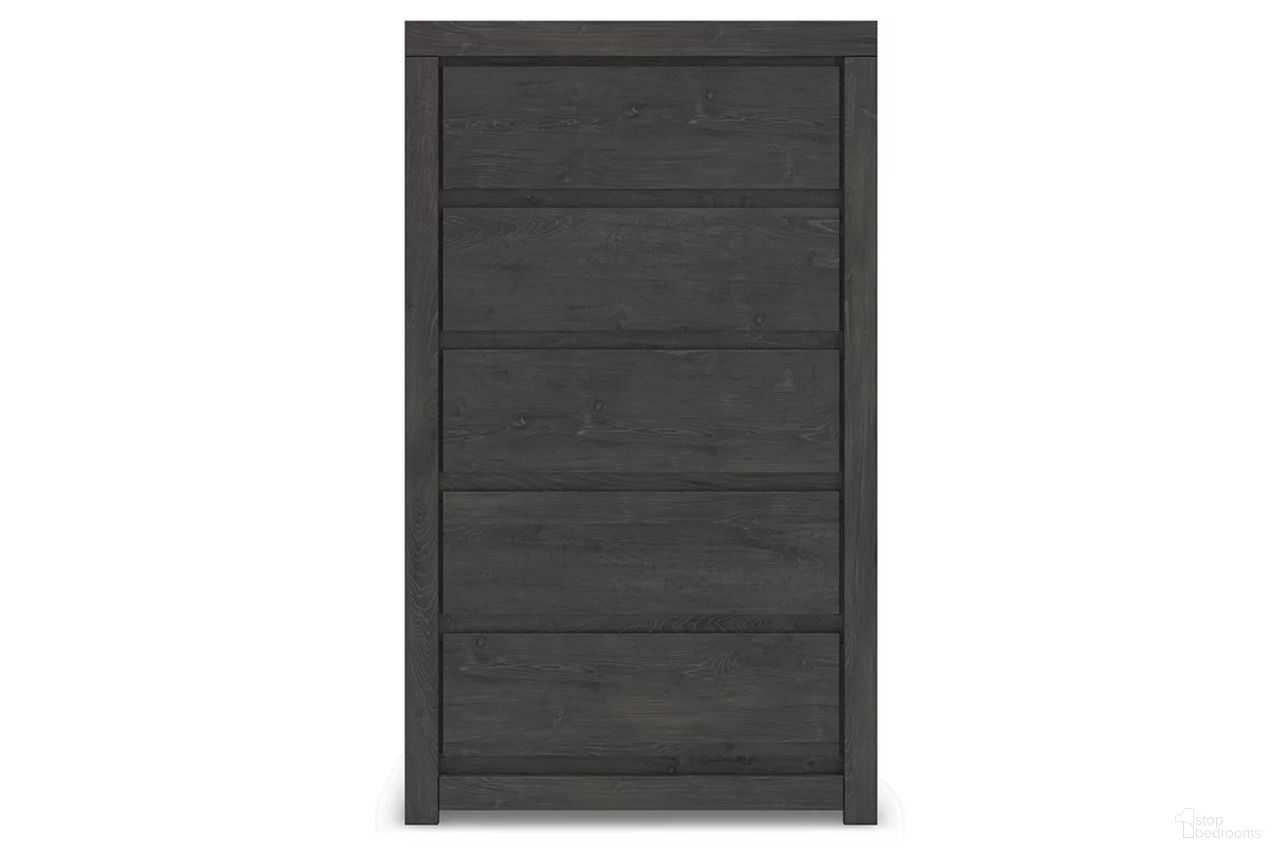The appearance of Candanew Chest of Drawers In Charcoal designed by Signature Design by Ashley in the transitional interior design. This charcoal piece of furniture  was selected by 1StopBedrooms from Candanew Collection to add a touch of cosiness and style into your home. Sku: NCB3370-46. Material: Wood.
