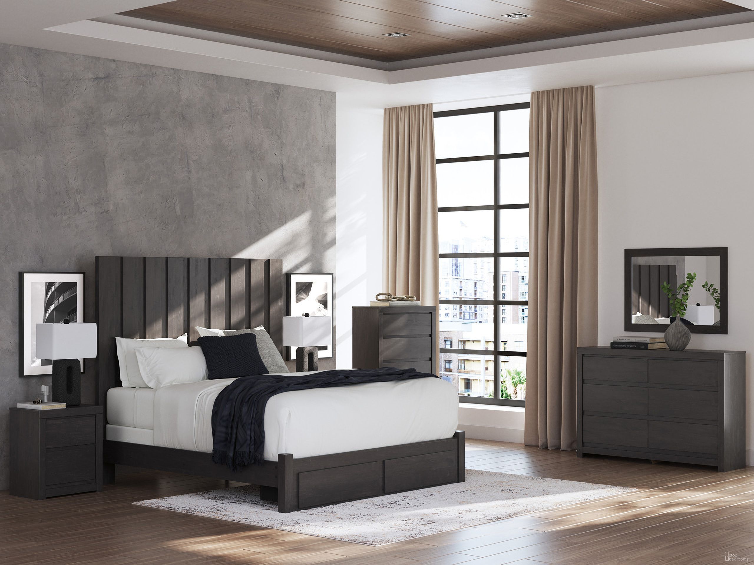 The appearance of Candanew Panel Storage Bedroom Set In Charcoal designed by Signature Design by Ashley in the transitional interior design. This charcoal piece of furniture  was selected by 1StopBedrooms from Candanew Collection to add a touch of cosiness and style into your home. Sku: NCB3370-54S;NCB3370-57;NCB3370-61;NCB3370-96;NCB3370-92. Bed Type: Storage Bed. Material: Wood. Bed Size: Queen.