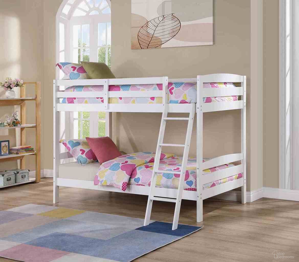 The appearance of Candice Twin Over Twin Bunk Bed In White designed by Furniture of America in the transitional interior design. This white piece of furniture  was selected by 1StopBedrooms from Candice Collection to add a touch of cosiness and style into your home. Sku: FM-BK002WH. Bed Type: Bunk Bed. Bed Size: Twin Over Twin. Material: Solid Wood.