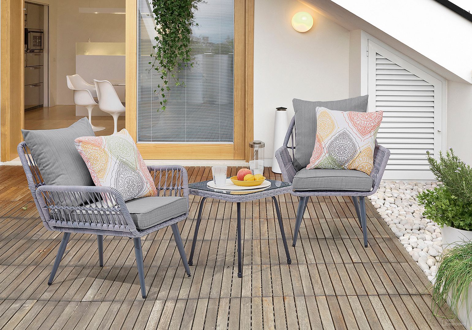 The appearance of Cannes Rope Wicker 3-Piece Patio Conversation Set With Cushions In Grey designed by Manhattan Comfort in the modern / contemporary interior design. This grey piece of furniture  was selected by 1StopBedrooms from Cannes Collection to add a touch of cosiness and style into your home. Sku: OD-CV012-GY. Material: Steel.