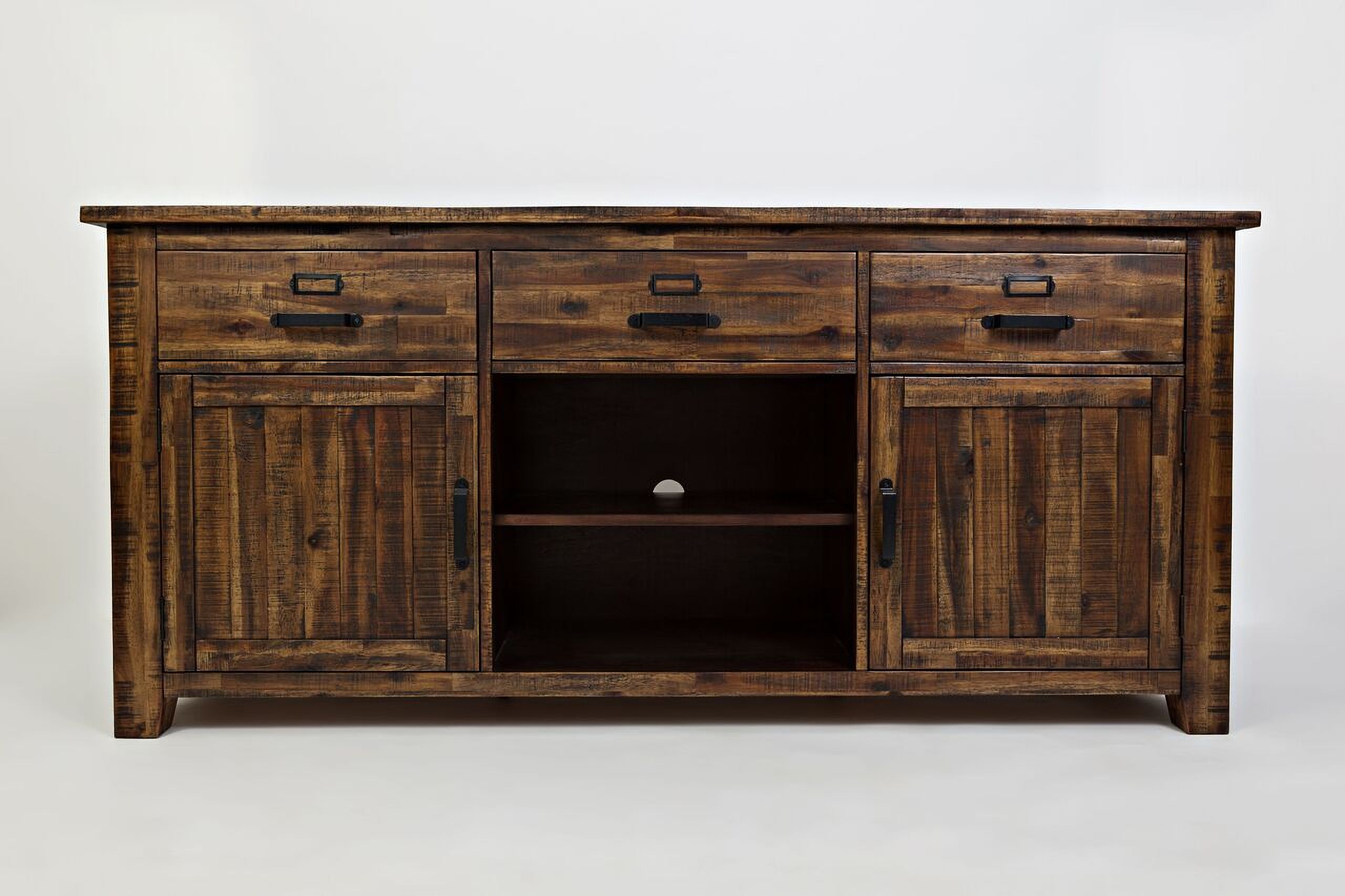 The appearance of Cannon Valley 70 Inch Media Unit In Medium Brown designed by Jofran in the transitional interior design. This medium brown piece of furniture  was selected by 1StopBedrooms from Cannon Valley Collection to add a touch of cosiness and style into your home. Sku: 1512-70. Material: Acacia.