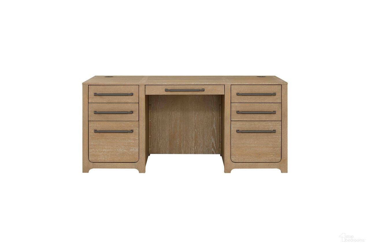 The appearance of Canyon Drive Wood Double Pedestal Executive Desk In Light Brown designed by Martin Furniture in the modern / contemporary interior design. This light brown piece of furniture was selected by 1StopBedrooms from Canyon Drive Collection to add a touch of cosiness and style into your home. Sku: IMCD680. Material: Solid Hardwood & Veneers.