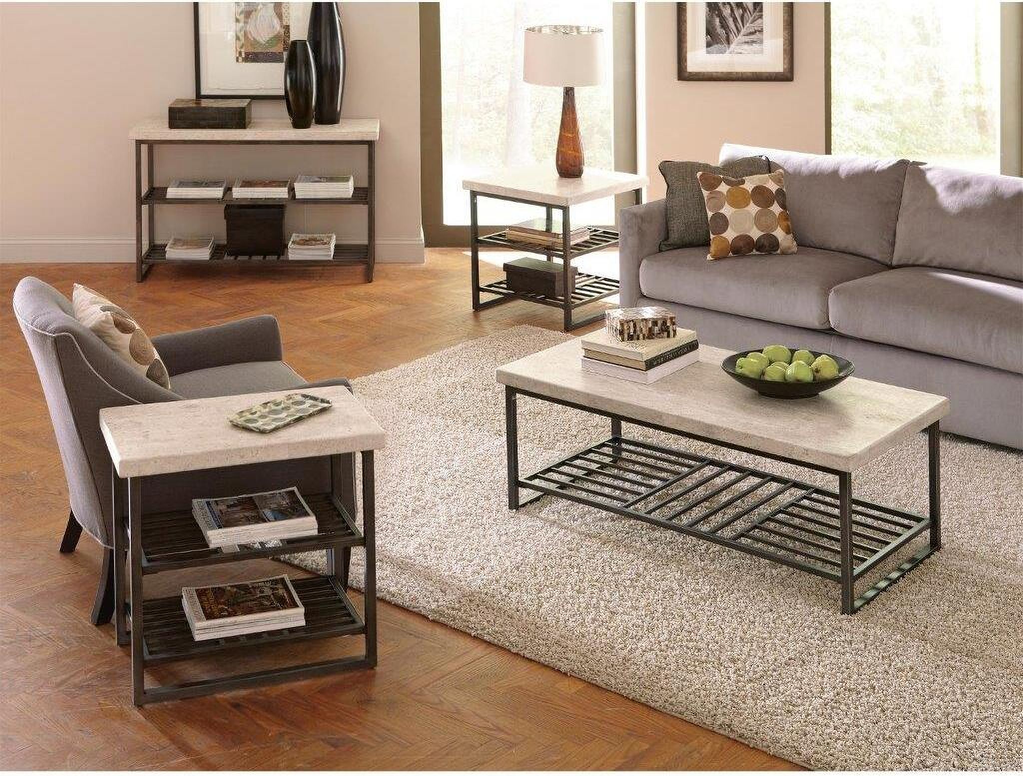 The appearance of Capri Alabaster Travertine Occasional Table Set designed by Riverside Furniture in the industrial interior design. This black and white piece of furniture  was selected by 1StopBedrooms from Capri Collection to add a touch of cosiness and style into your home. Sku: 77702;77709. Material: Metal.