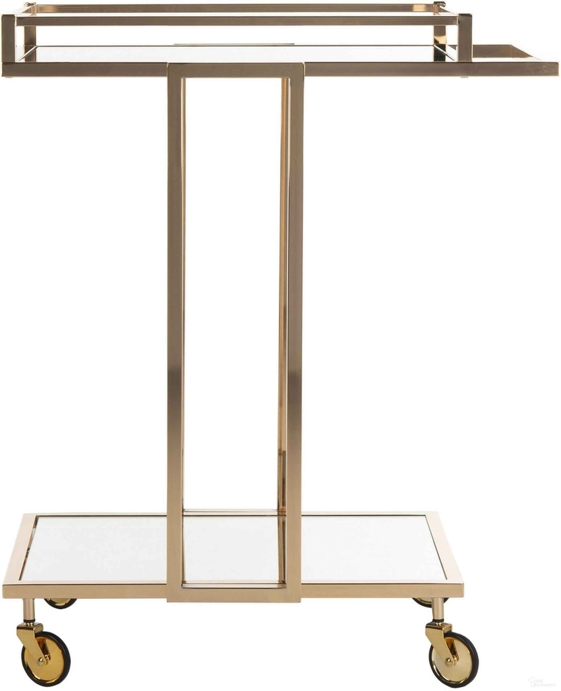 The appearance of Capri Gold/Mirror 2 Tier Rectangle Bar Cart designed by Safavieh in the modern / contemporary interior design. This gold piece of furniture was selected by 1StopBedrooms from Capri Collection to add a touch of cosiness and style into your home. Sku: BCT8003A. Material: Iron.