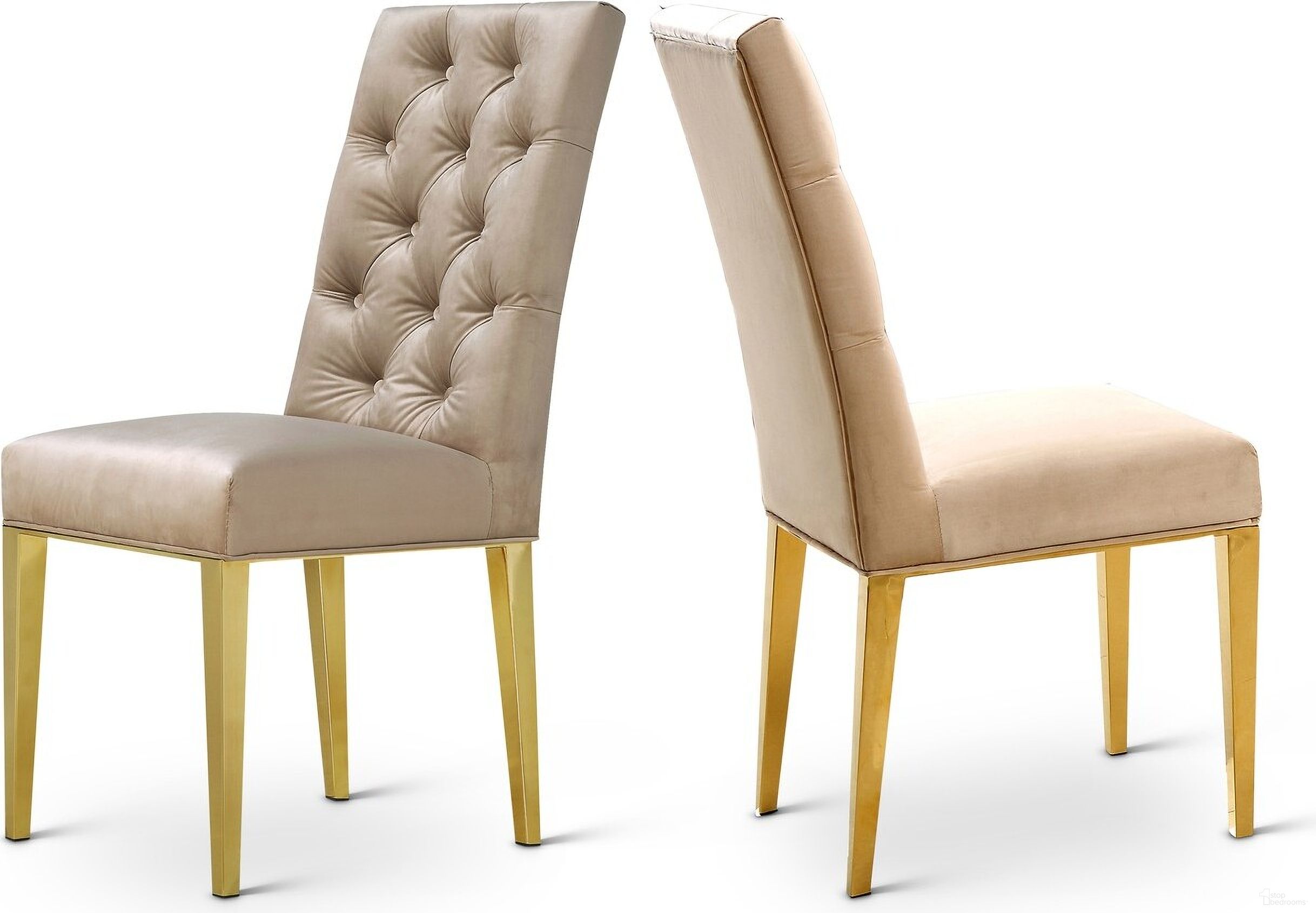 The appearance of Capri Velvet Dining Chair Set of 2 In Beige designed by Meridian in the modern / contemporary interior design. This beige piece of furniture was selected by 1StopBedrooms from Capri Collection to add a touch of cosiness and style into your home. Sku: 716BE-C. Material: Velvet. Chair Type: Side Chair.