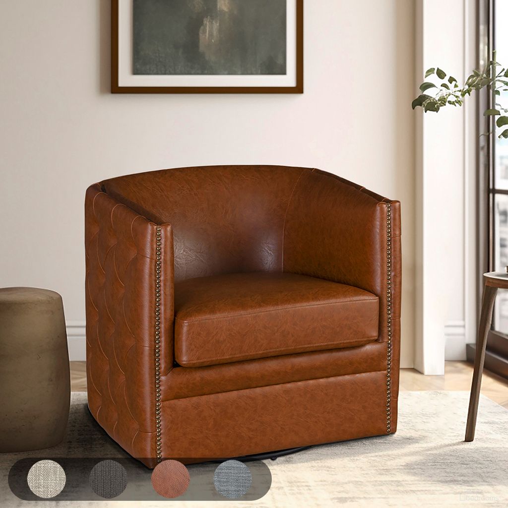 The appearance of Capstone Tufted Barrel Swivel Chair In Brown designed by Olliix in the transitional interior design. This brown piece of furniture  was selected by 1StopBedrooms from Capstone Collection to add a touch of cosiness and style into your home. Sku: MP103-1226. Material: Polyester.