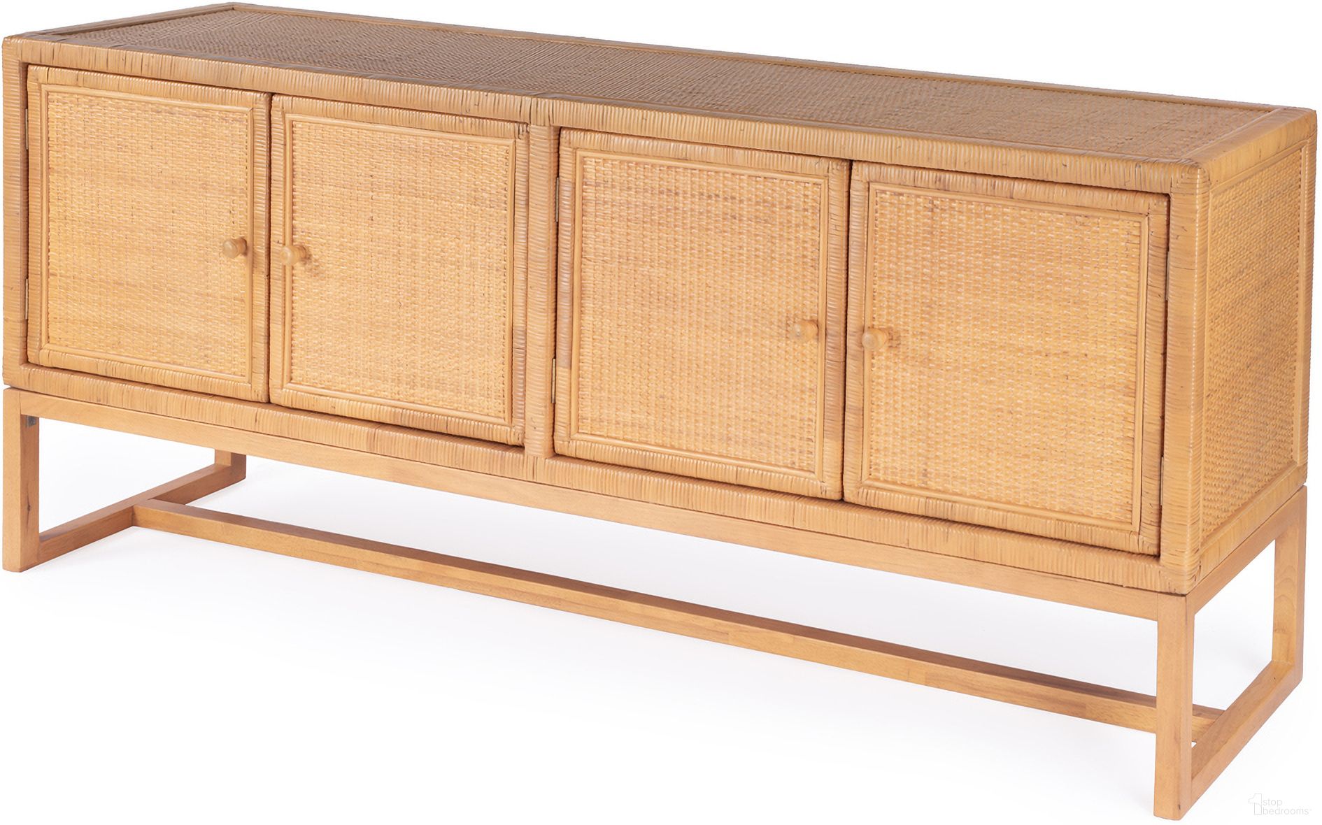 The appearance of Captiva Rattan 4 Door 76 Inch Sideboard In Natural designed by Butler Specialty Company in the coastal interior design. This natural piece of furniture  was selected by 1StopBedrooms from Captiva Collection to add a touch of cosiness and style into your home. Sku: 5694404. Material: Rubberwood.