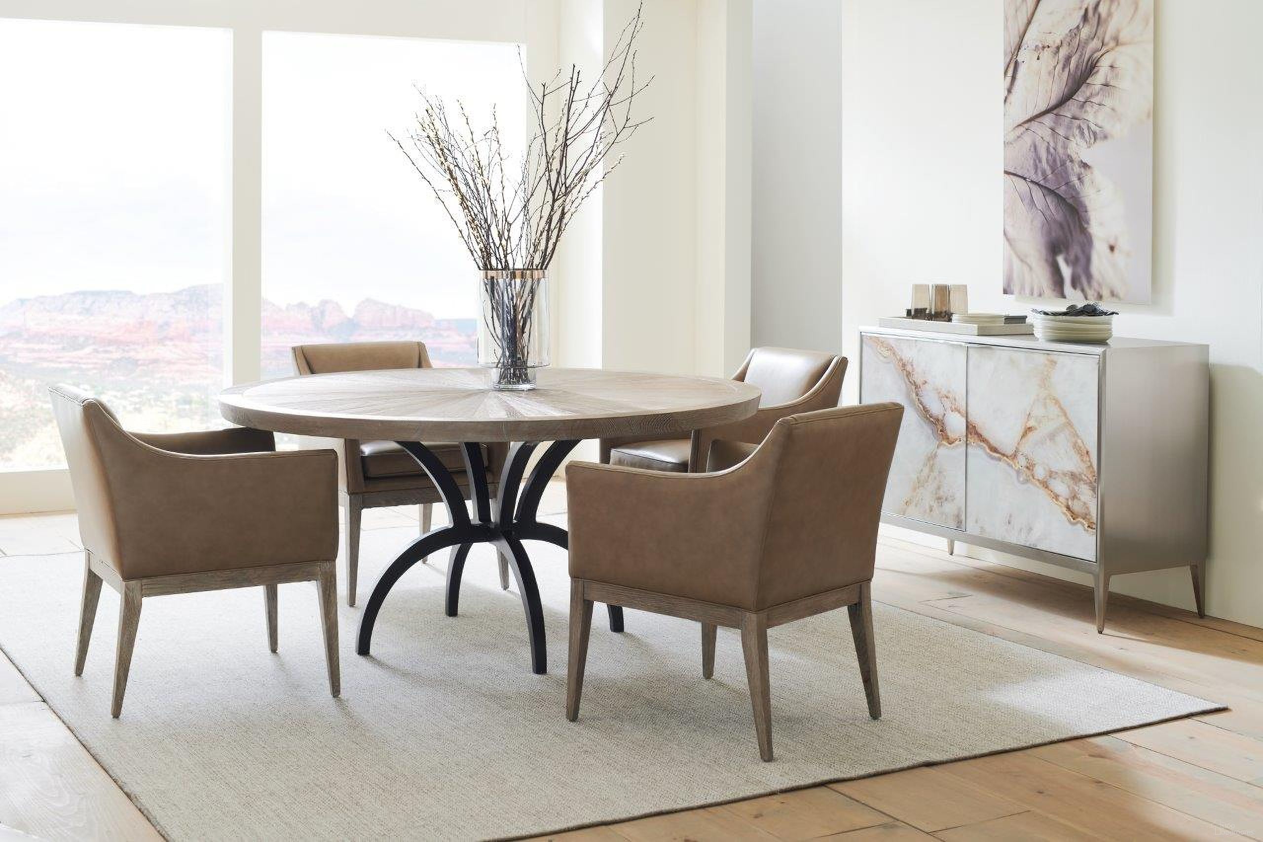 The appearance of Caracole Classic Ash Driftwood and Chocolate Bronze Rough And Ready 54" Round Dining Room Set designed by Caracole in the transitional interior design. This brown piece of furniture was selected by 1StopBedrooms from Caracole Classic Collection to add a touch of cosiness and style into your home. Sku: CLA-019-2013B;CLA-019-2013T;CLA-019-274. Table Base Style: Pedestal. Table Top Shape: Round. Material: Metal. Size: 54".