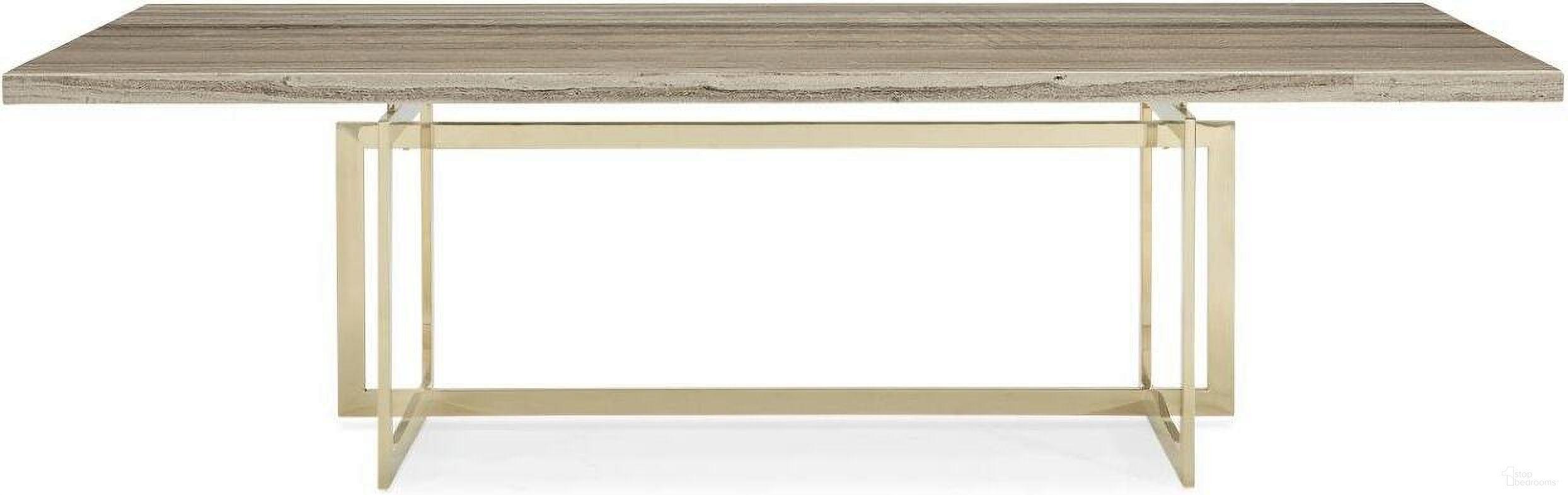 The appearance of Caracole Classic Wish You Were Here Dining Table Base With Stone Top designed by Caracole in the transitional interior design. This gold and beige piece of furniture was selected by 1StopBedrooms from Caracole Classic Collection to add a touch of cosiness and style into your home. Sku: CLA-019-203T;CLA-019-203B. Table Base Style: Trestle. Table Top Shape: Rectangular. Material: Stainless Steel. Size: 44" x 100".