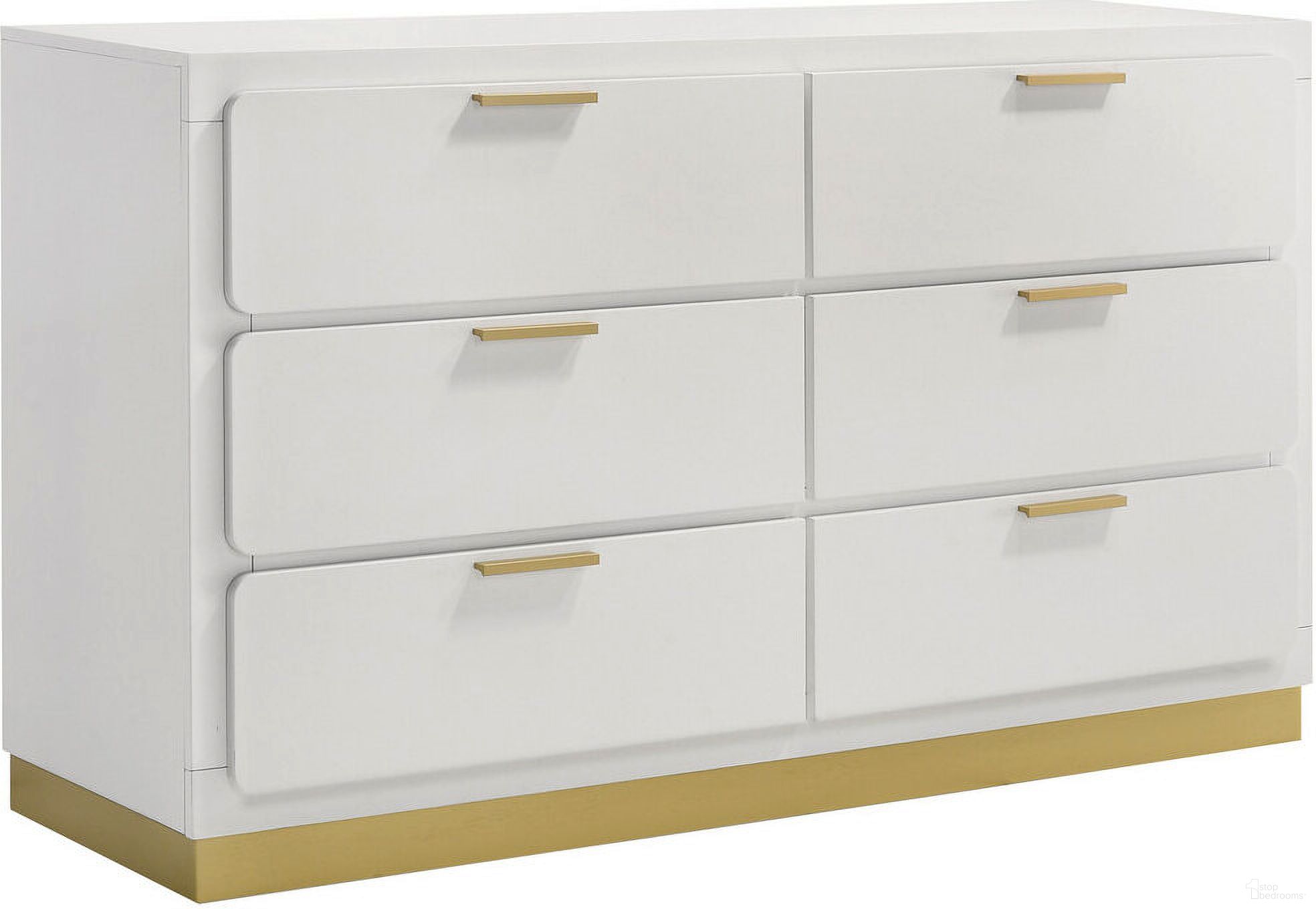 The appearance of Caraway 6-drawer Bedroom Dresser White designed by Coaster in the modern / contemporary interior design. This white piece of furniture  was selected by 1StopBedrooms from Caraway Collection to add a touch of cosiness and style into your home. Sku: 224773. Material: Wood.