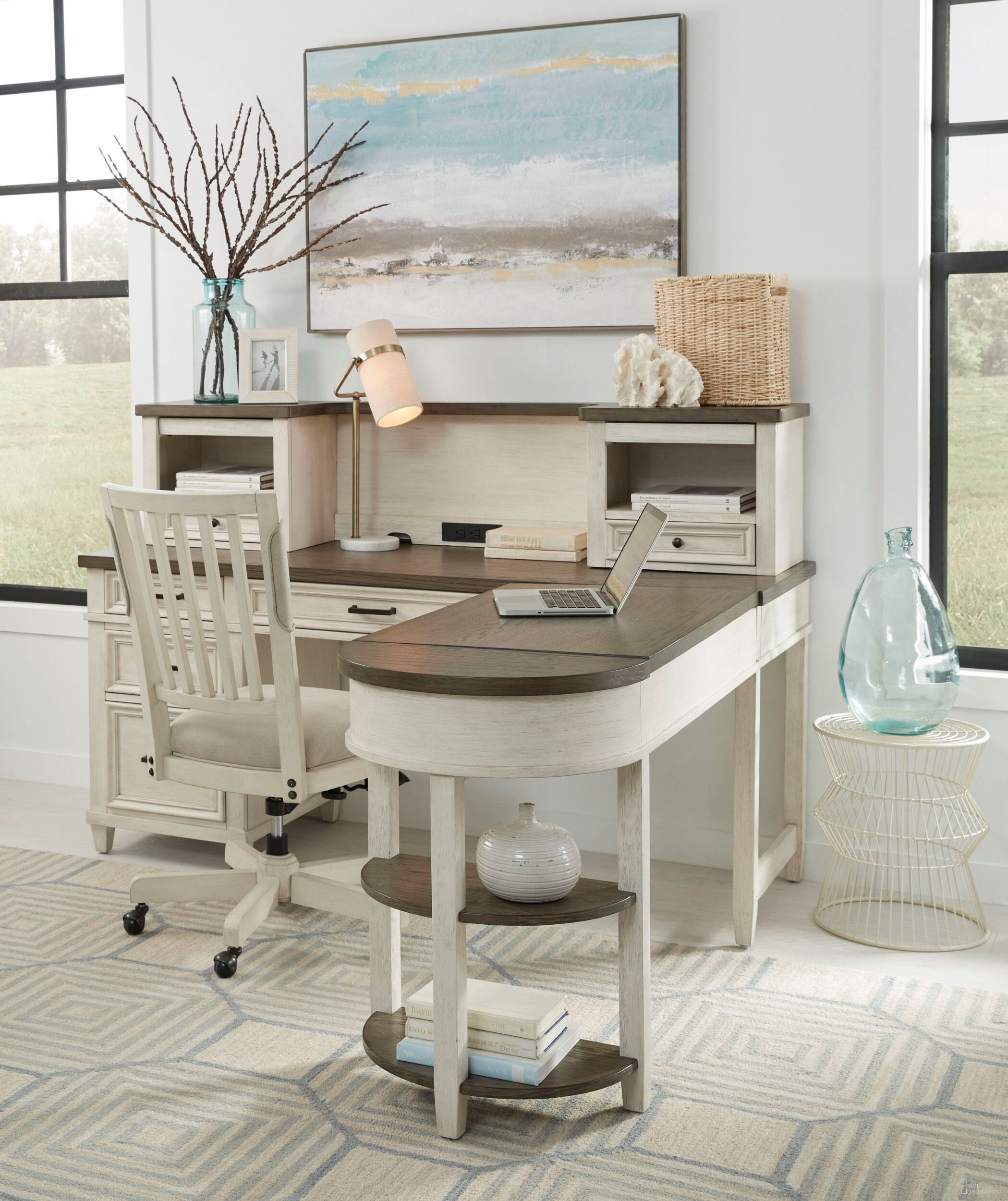 The appearance of Caraway Aged Ivory L Shaped Home Office Set with Hutch designed by Aspenhome in the transitional interior design. This white piece of furniture was selected by 1StopBedrooms from Caraway Collection to add a touch of cosiness and style into your home. Sku: I248-308-1;I248-307-1;I248-307H-1;I248-366-1. Material: Wood.