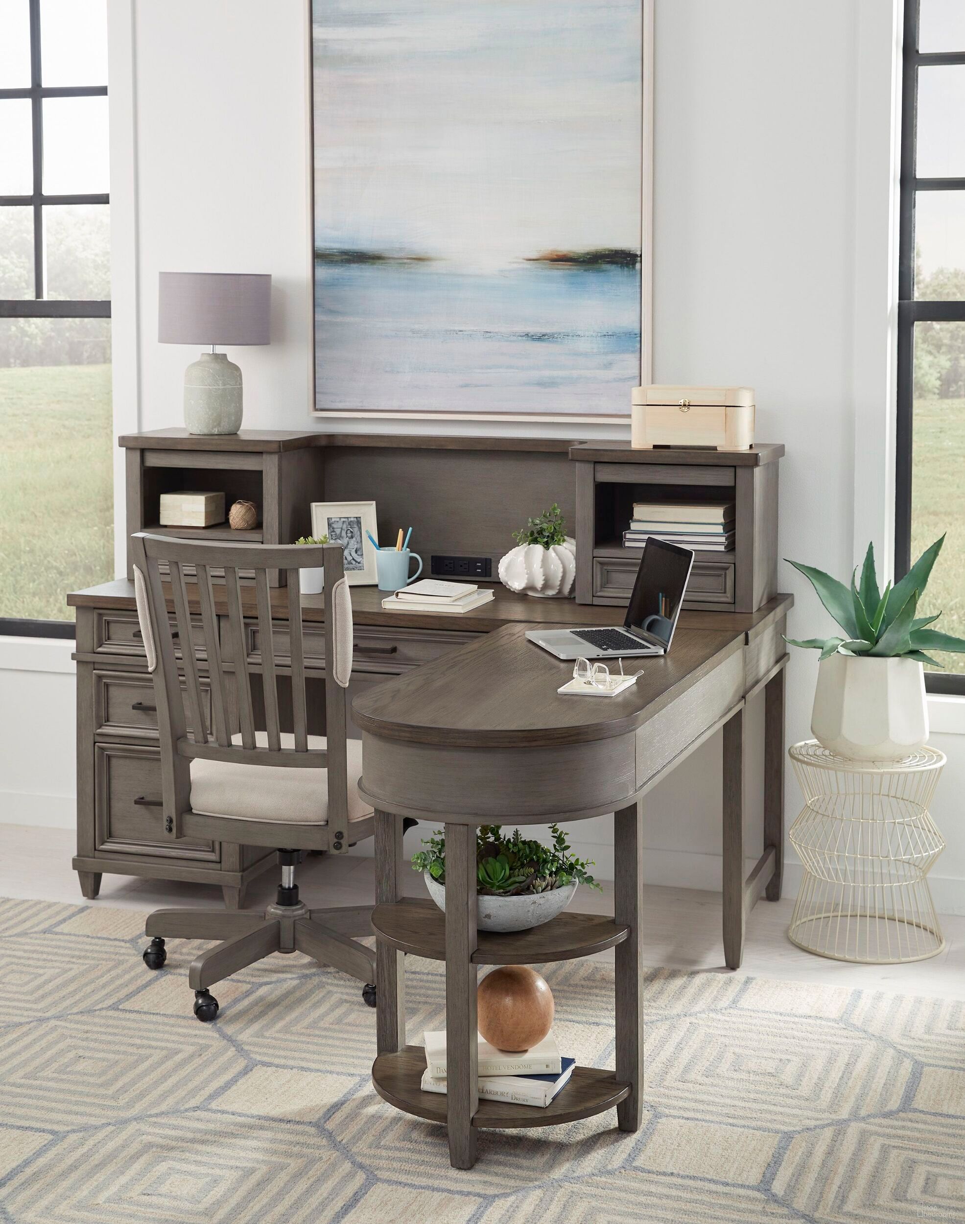 The appearance of Caraway Aged Slate L Shaped Home Office Set with Hutch designed by Aspenhome in the transitional interior design. This gray piece of furniture  was selected by 1StopBedrooms from Caraway Collection to add a touch of cosiness and style into your home. Sku: I248-307H-SLT-1;I248-307-SLT-1;I248-308-SLT-1;I248-366-SLT-1. Material: Wood.