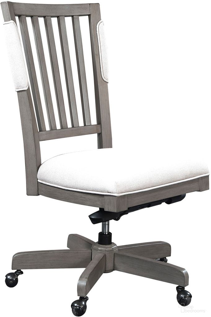 The appearance of Caraway Office Chair In Grey designed by Aspenhome in the country / farmhouse interior design. This grey piece of furniture was selected by 1StopBedrooms from Caraway Collection to add a touch of cosiness and style into your home. Sku: I248-366-SLT-1. Material: Wood.