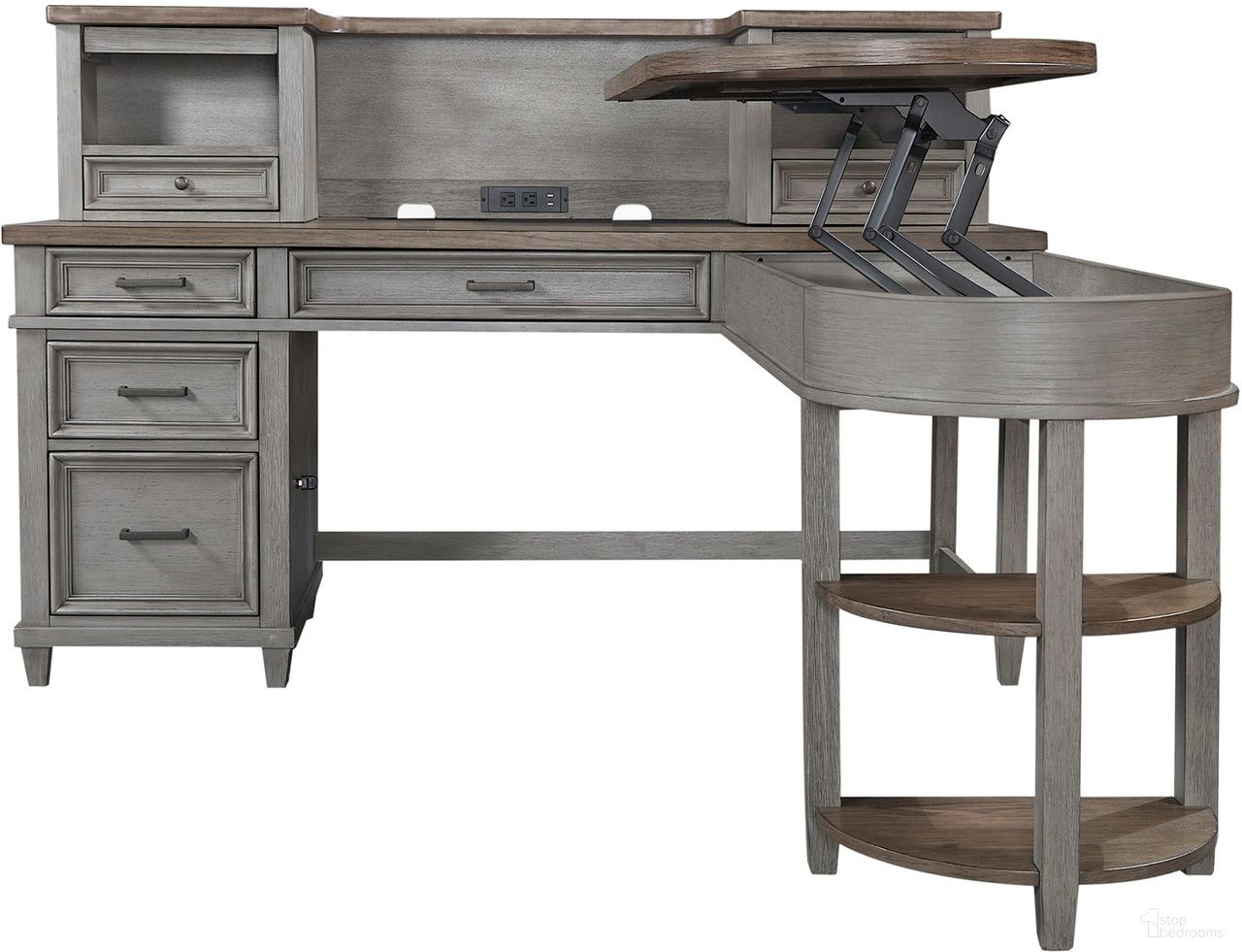 The appearance of Caraway Pedestal Desk And Return In Grey designed by Aspenhome in the country / farmhouse interior design. This grey piece of furniture was selected by 1StopBedrooms from Caraway Collection to add a touch of cosiness and style into your home. Sku: I248-307H-SLT-1;I248-307-SLT-1;I248-308-SLT-1. Material: Wood.