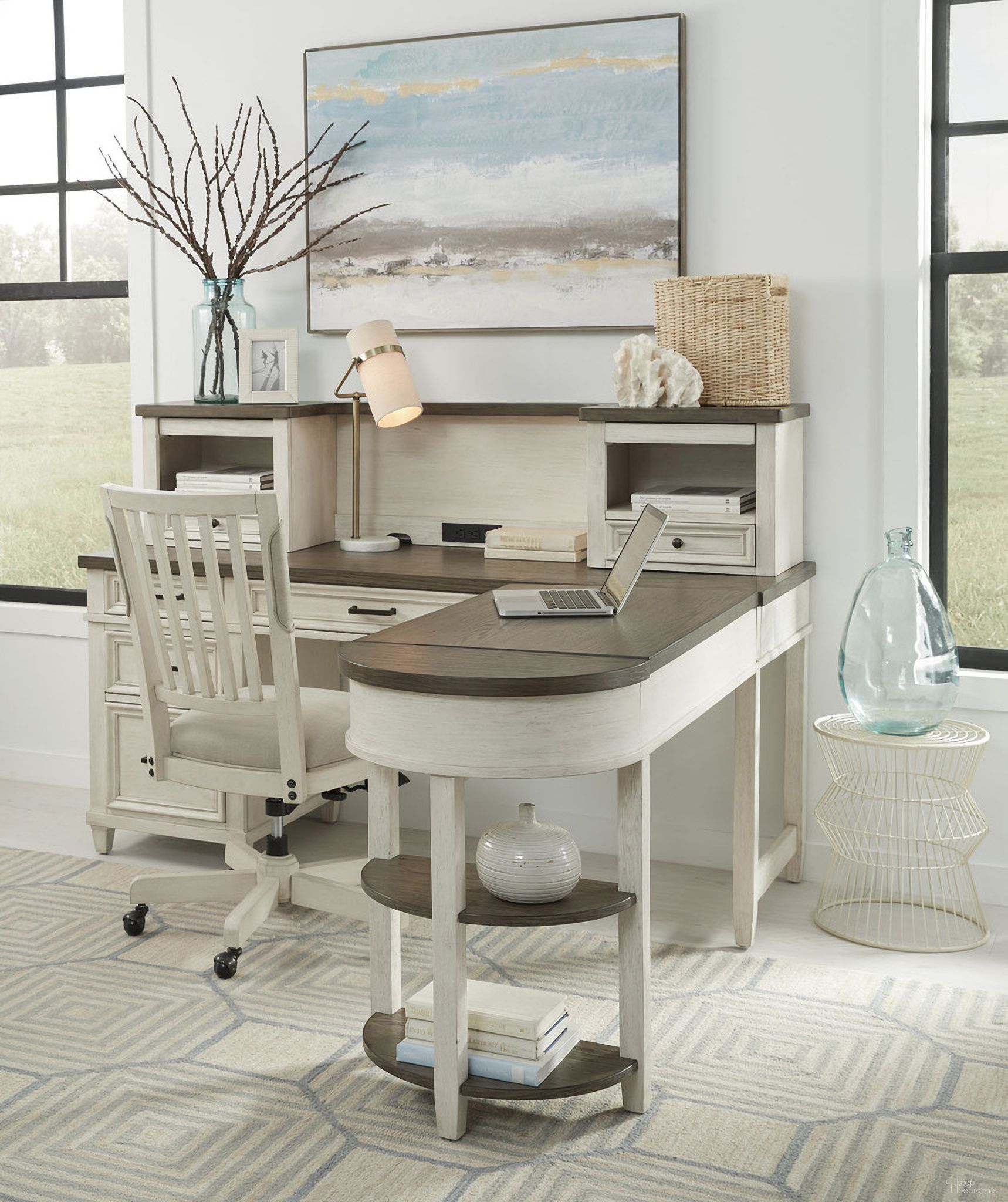 The appearance of Caraway Pedestal Desk And Return In White designed by Aspenhome in the country / farmhouse interior design. This white piece of furniture  was selected by 1StopBedrooms from Caraway Collection to add a touch of cosiness and style into your home. Sku: I248-308-1;I248-307-1;I248-307H-1. Material: Wood.