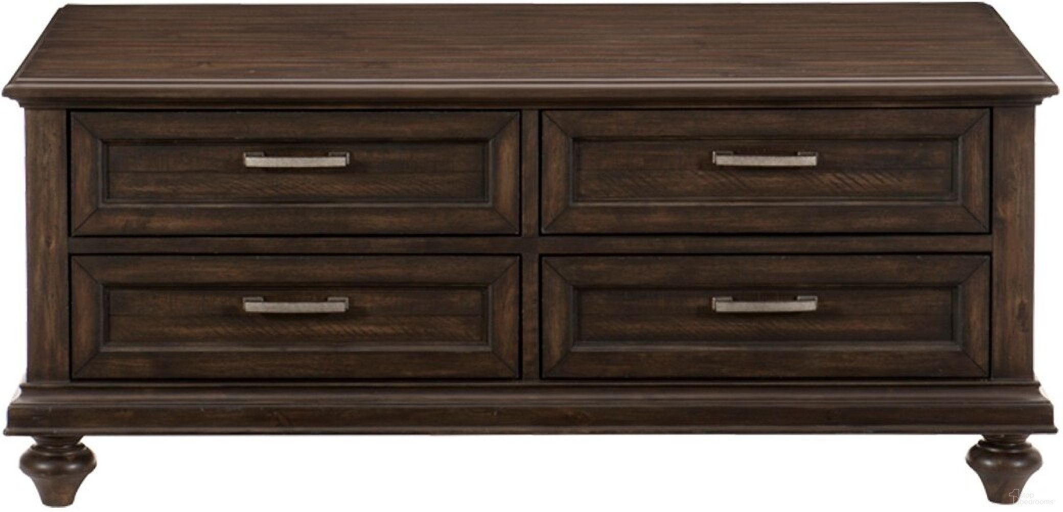 The appearance of Cardano Driftwood Charcoal 4 Drawers Cocktail Table designed by Homelegance in the traditional interior design. This brown piece of furniture  was selected by 1StopBedrooms from Cardano Collection to add a touch of cosiness and style into your home. Sku: 1689-30. Material: Wood.