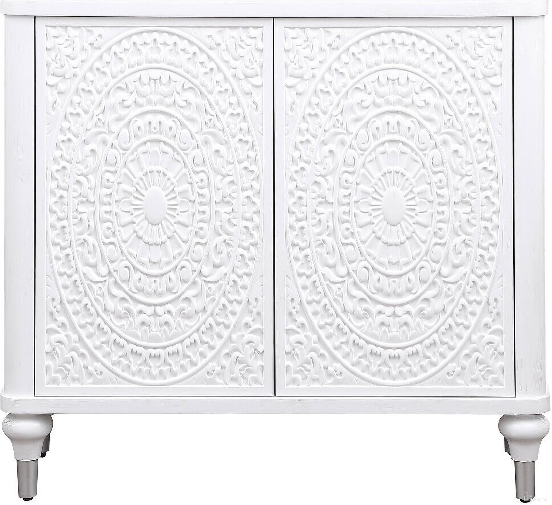 The appearance of Cardella 2-Door Mandala Accent Cabinet In Distressed White designed by Coaster in the coastal interior design. This distressed white piece of furniture was selected by 1StopBedrooms from Cardella Collection to add a touch of cosiness and style into your home. Sku: 950411. Material: Wood.