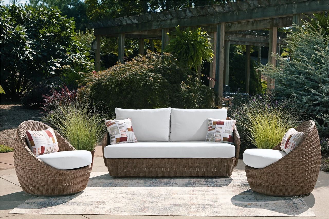 The appearance of Cardiff Beach Outdoor Loveseat/2 Swivel Chairs Set of 3 In Beige designed by Signature Design by Ashley in the modern / contemporary interior design. This beige piece of furniture was selected by 1StopBedrooms from Cardiff Beach Collection to add a touch of cosiness and style into your home. Sku: P503-070. Material: Polyester.