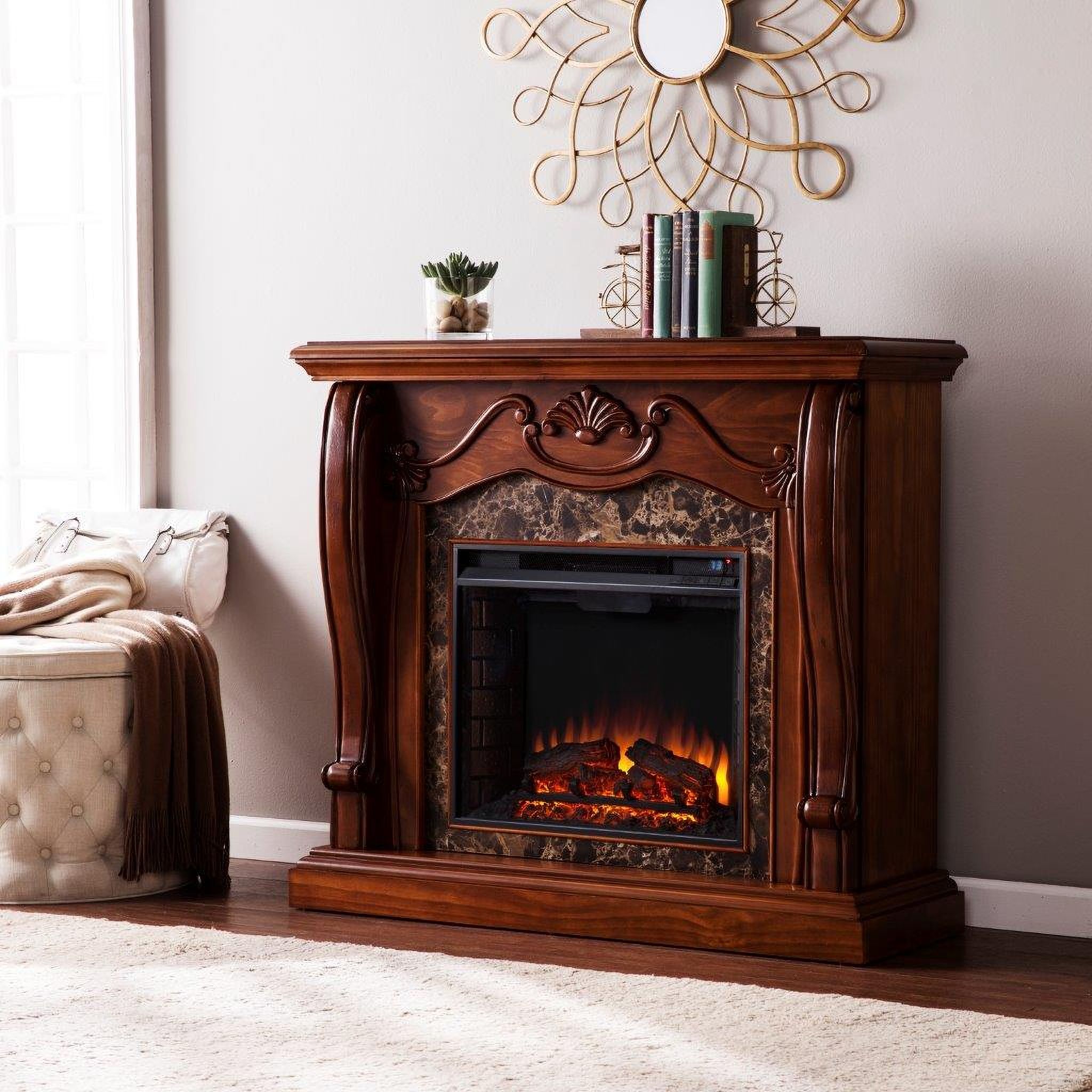 The appearance of Cardona Electric Fireplace In Walnut designed by SEI Furniture in the traditional interior design. This walnut piece of furniture was selected by 1StopBedrooms from Cardona Collection to add a touch of cosiness and style into your home. Sku: FE9664. Material: MDF.